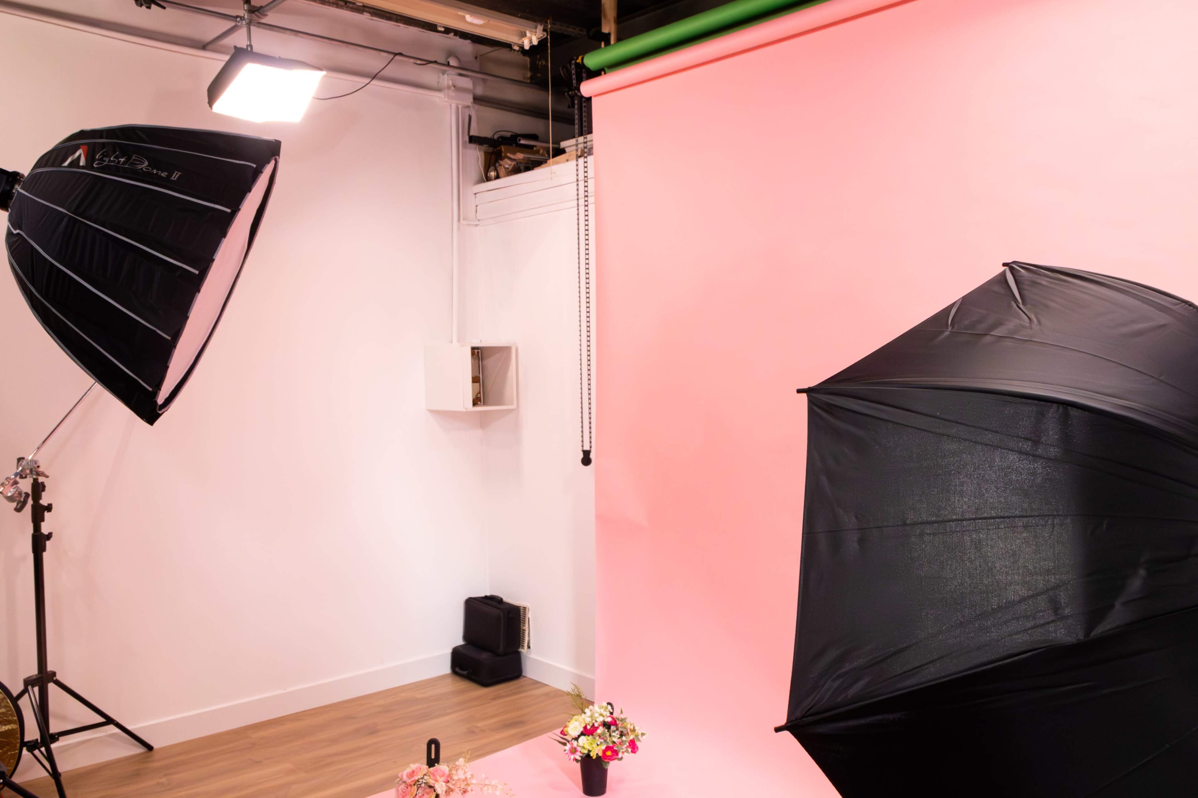A photography studio with two umbrella softboxes and a pink backdrop.