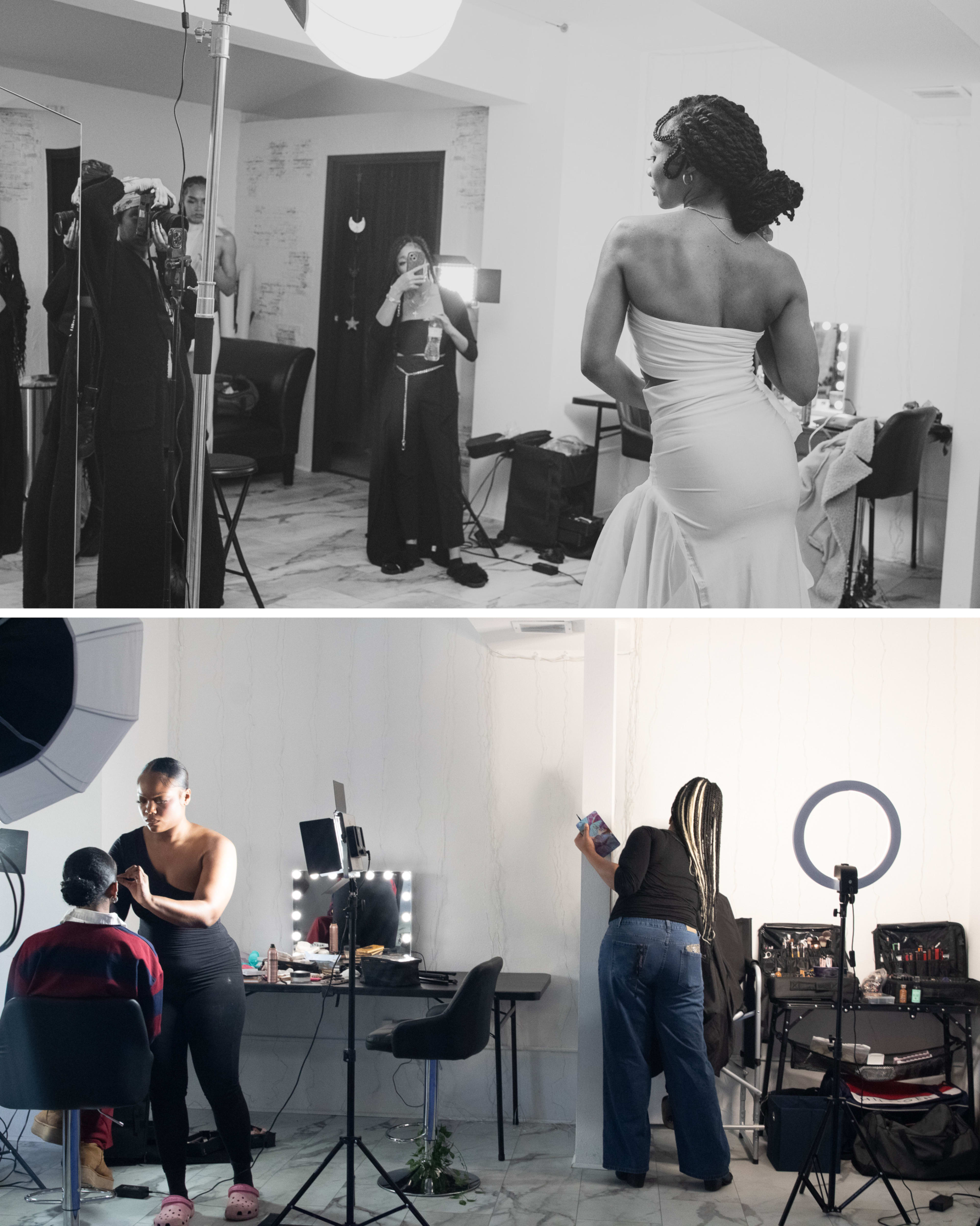 The image shows two scenes: the top half features a woman in a dress posing in front of a mirror while a person captures her photo, and the bottom half shows two individuals, one applying makeup to a seated person and the other busy with their phone amidst a setup of beauty tools and lighting.