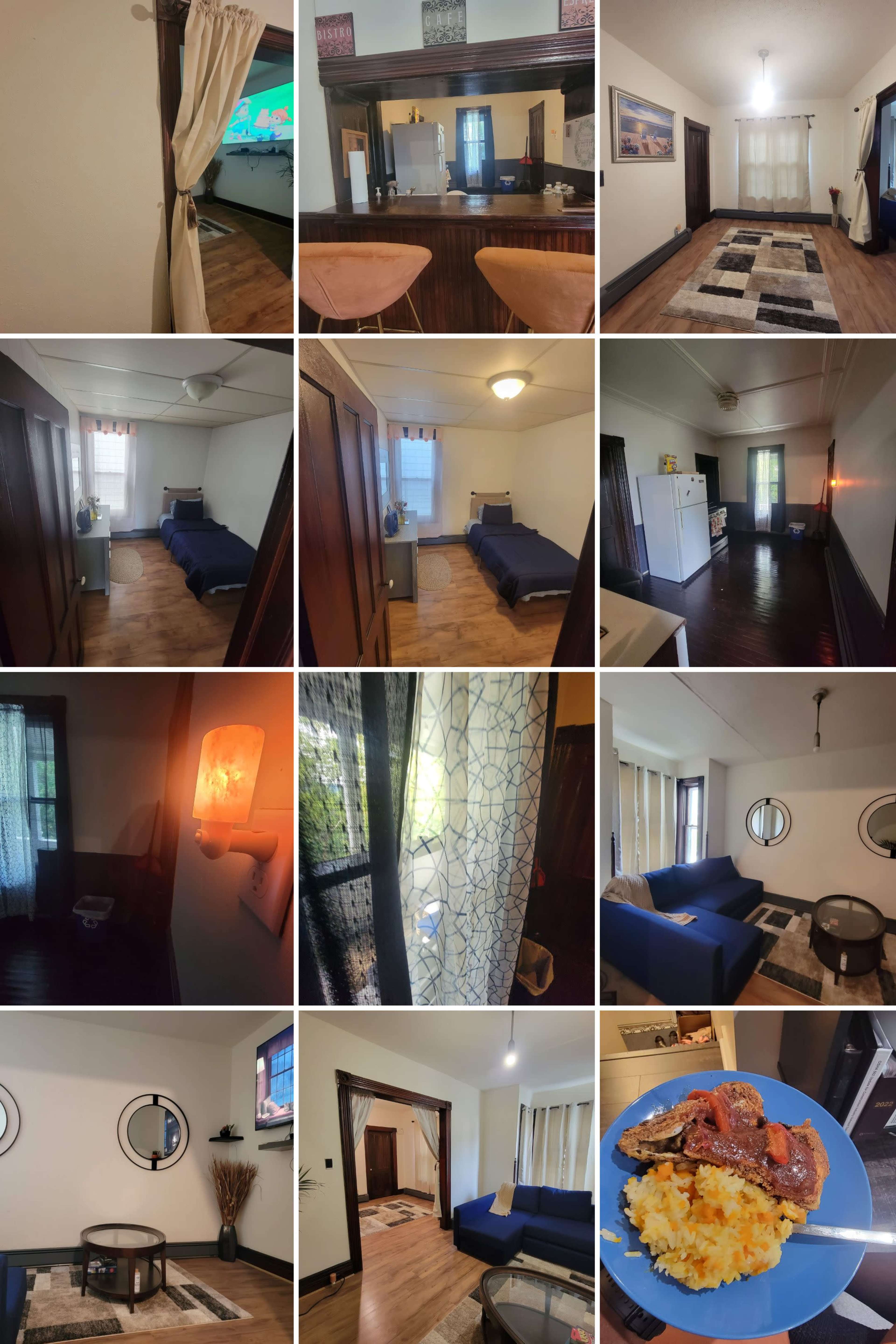 The image showcases a series of photos from an apartment, highlighting various rooms including a living area, bedroom, kitchen, and dining space, along with a meal plate.