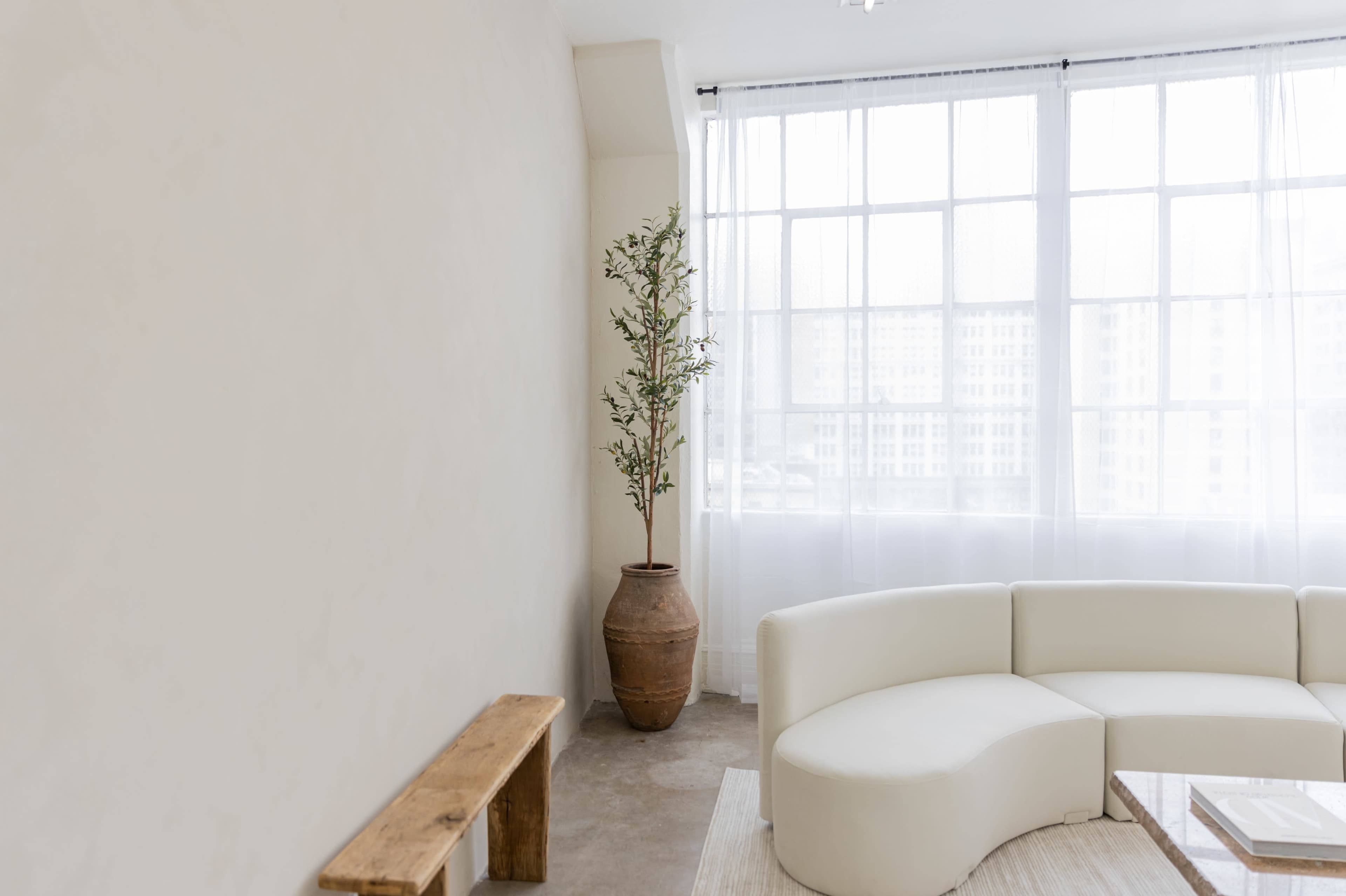 A minimalist interior features a curved white sofa, a wooden bench, and a potted plant beside a large window with sheer curtains.