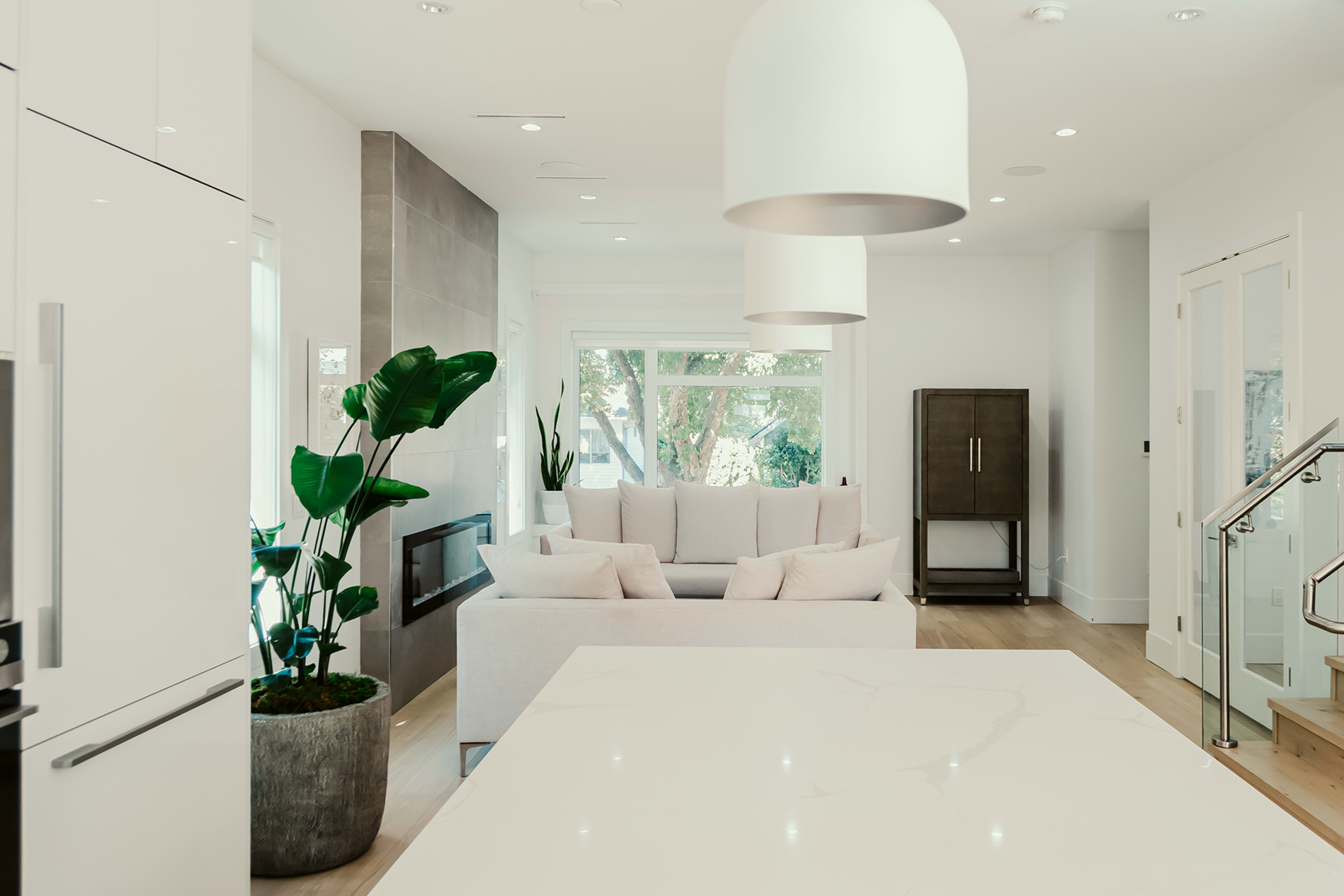 A modern interior living space featuring a light-colored sofa, a potted plant, and a marble-topped kitchen island.