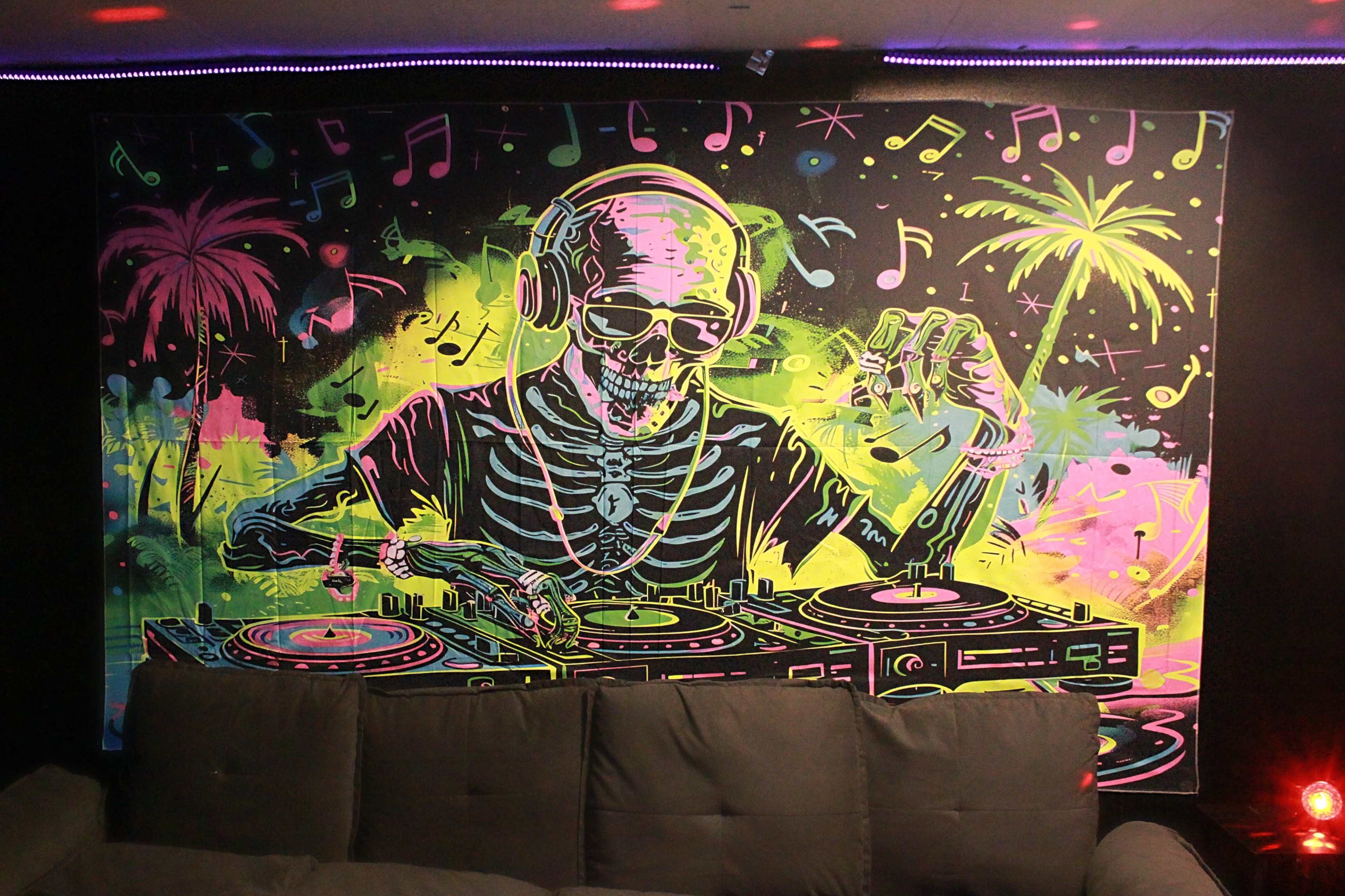 The image features a vibrant mural of a skeleton DJ wearing headphones and mixing music, surrounded by palm trees and musical notes.