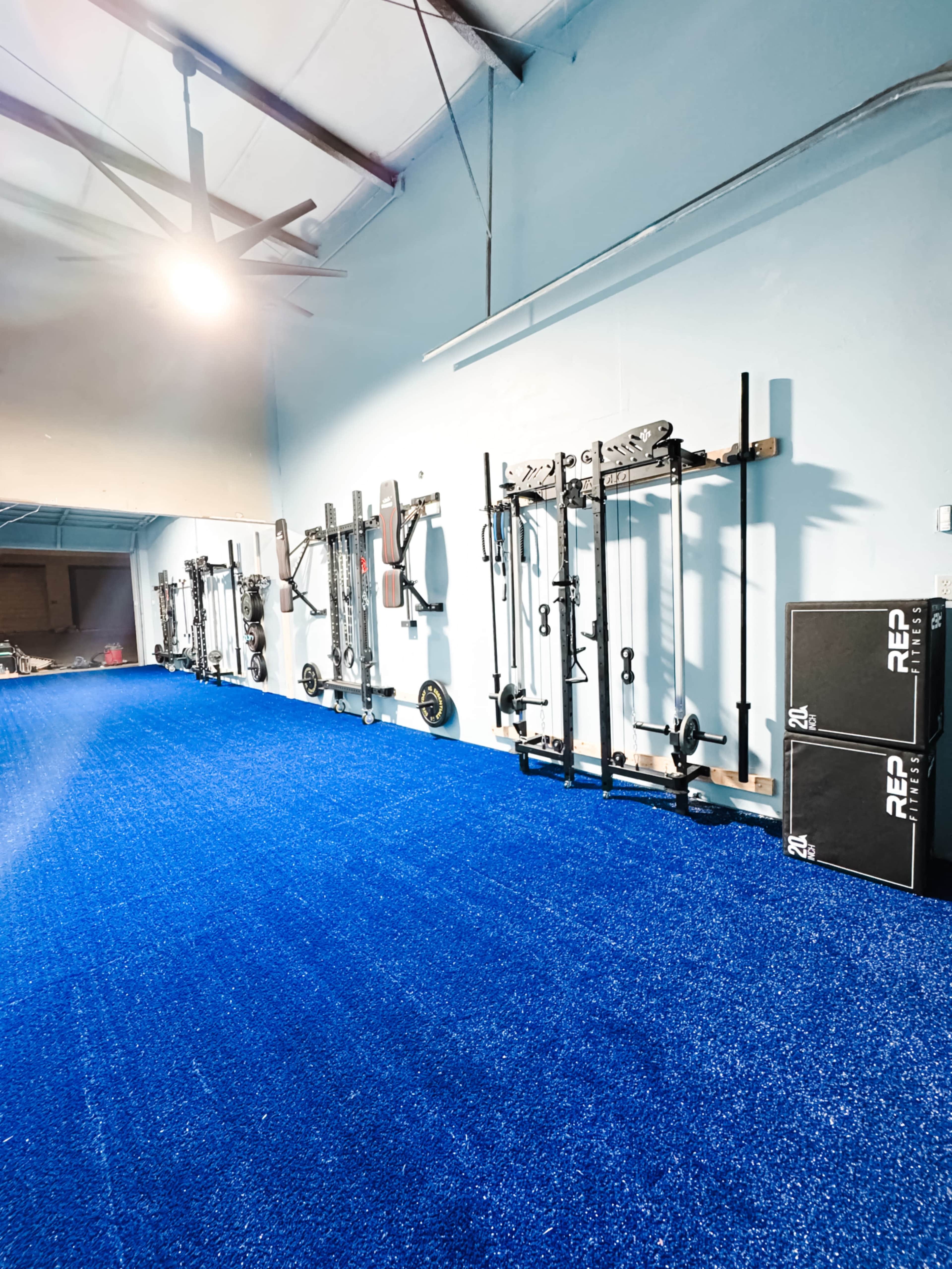 The image shows a gym interior with blue turf flooring and various weightlifting equipment mounted on a wall.
