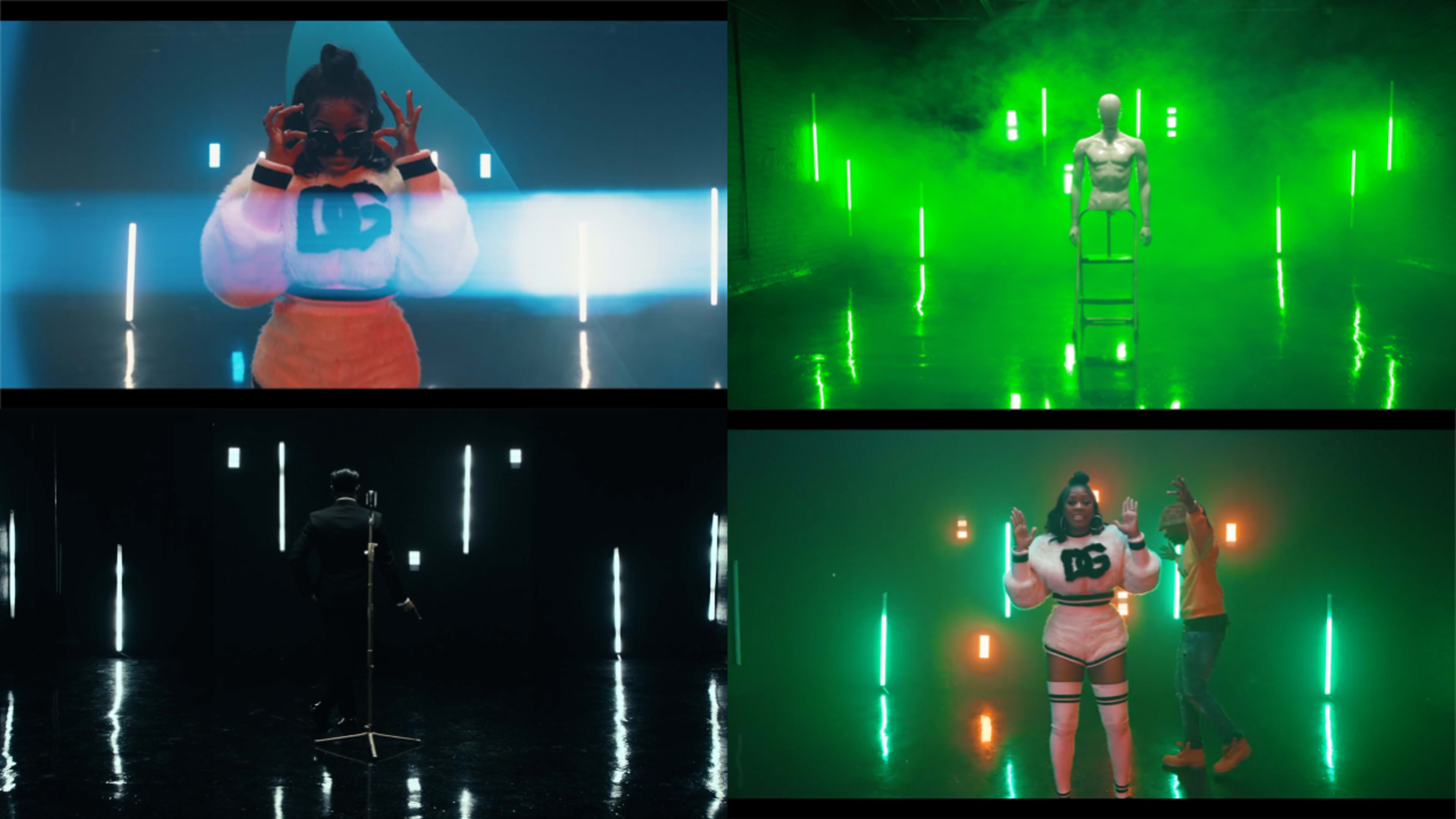 Four distinct scenes: a person wearing goggles in a white outfit, a mannequin positioned under green lighting, a performer singing into a microphone, and another individual holding a prop in a brightly lit environment.