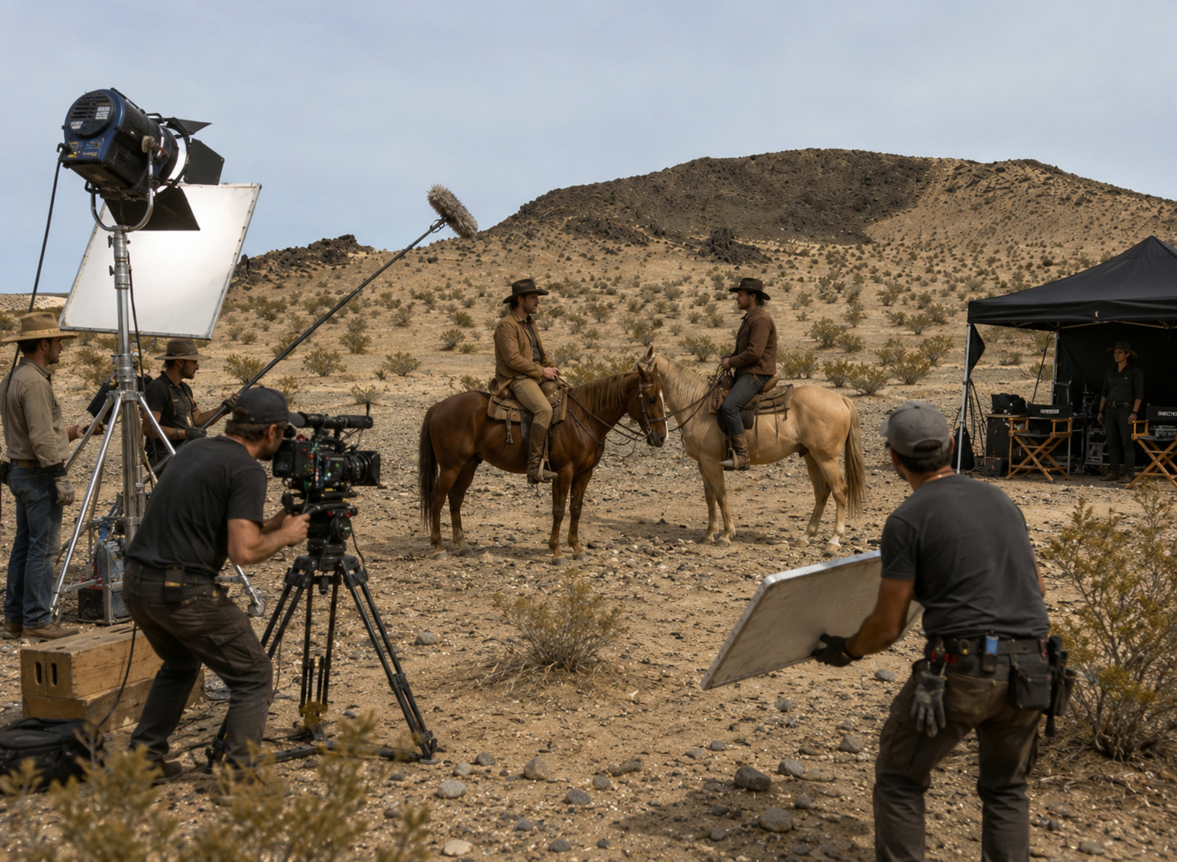 A film crew is setting up a scene in a desert landscape featuring two actors on horseback.