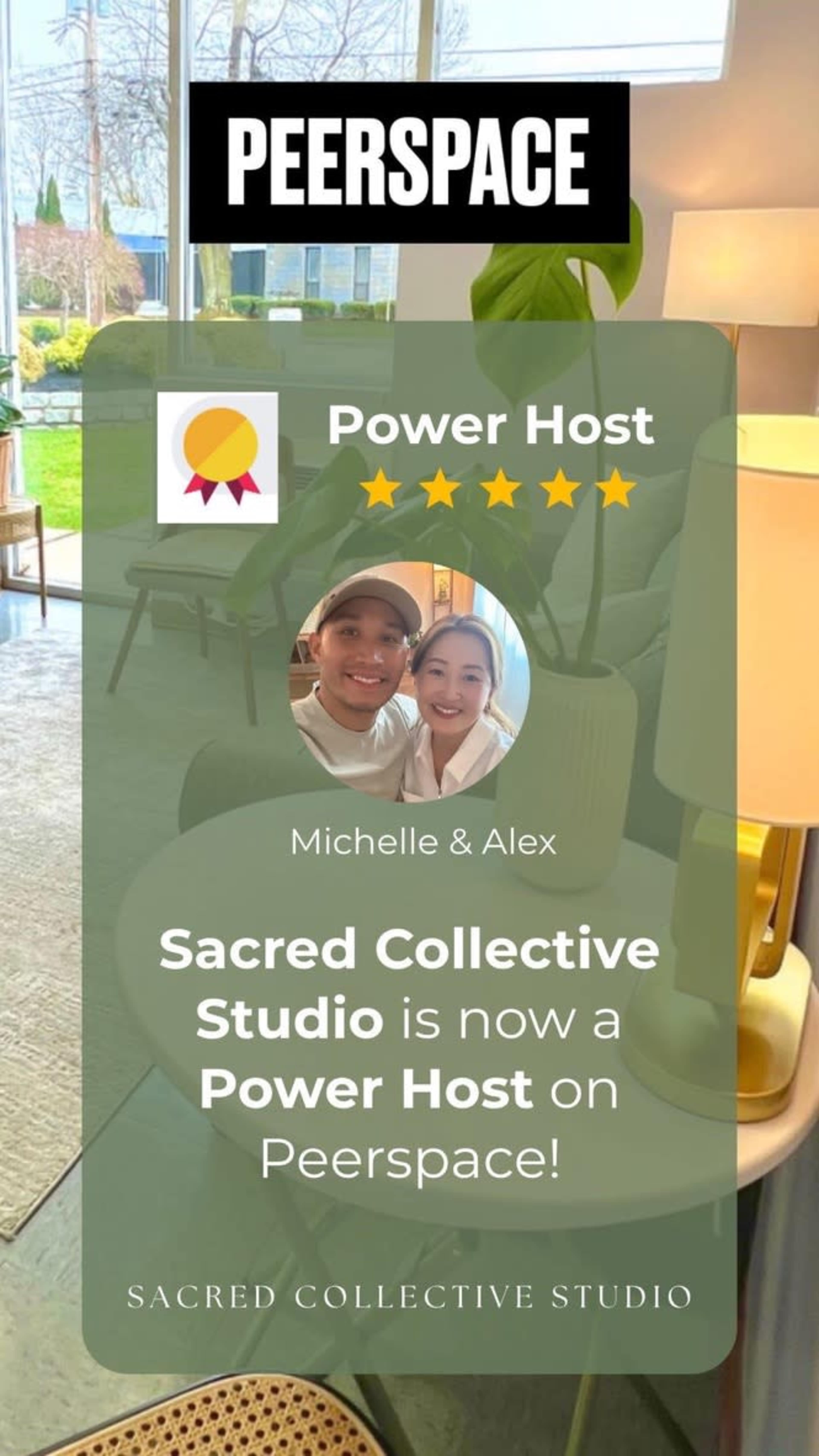 The image announces that Sacred Collective Studio has achieved "Power Host" status on Peerspace, featuring a photo of two individuals, Michelle and Alex, along with a five-star rating.