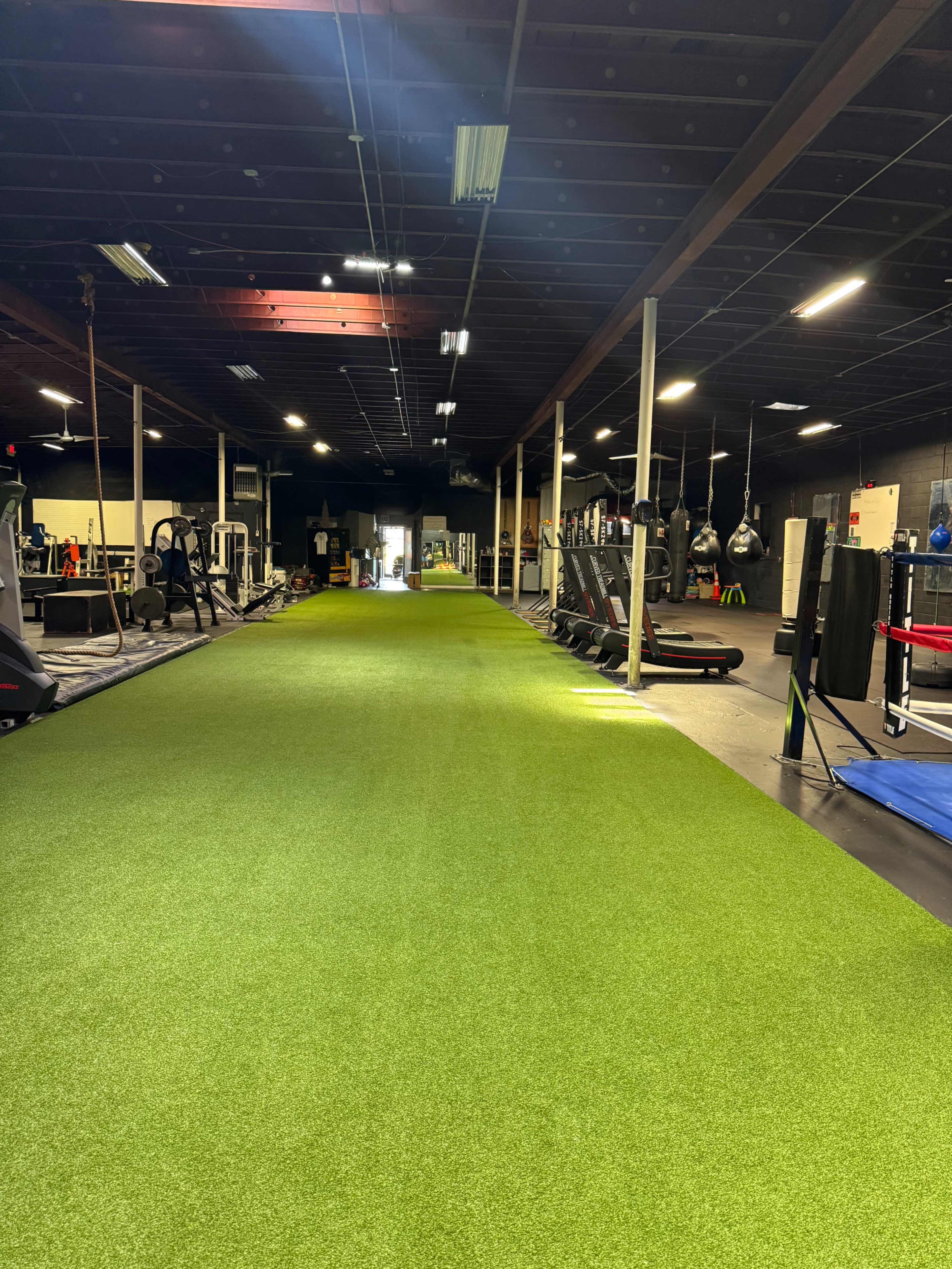 The image shows a gym interior with a long green turf pathway, flanked by various exercise equipment and training stations.