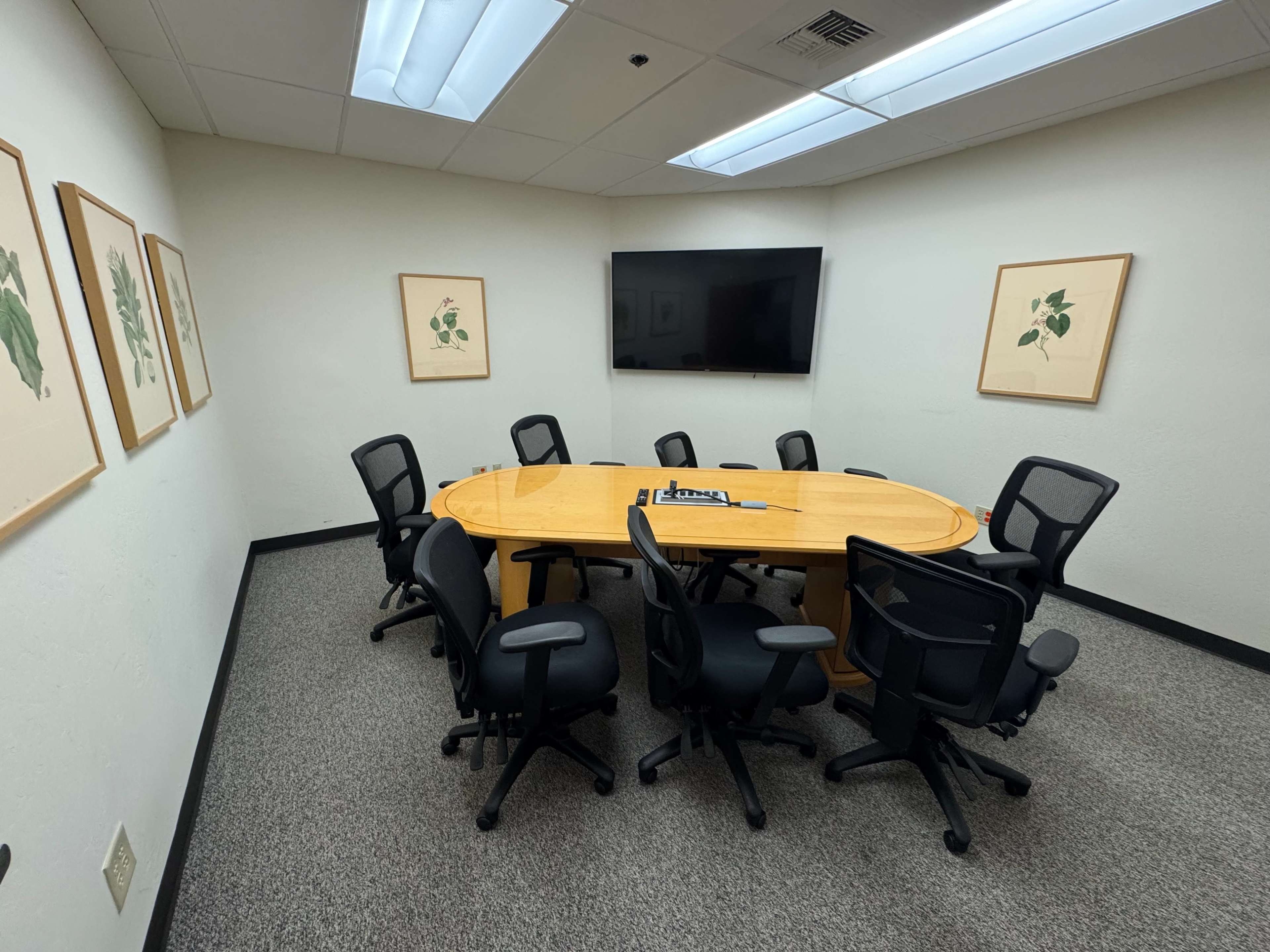 A conference room features a large oval wooden table surrounded by black office chairs, with framed botanical prints on the walls and a wall-mounted television.