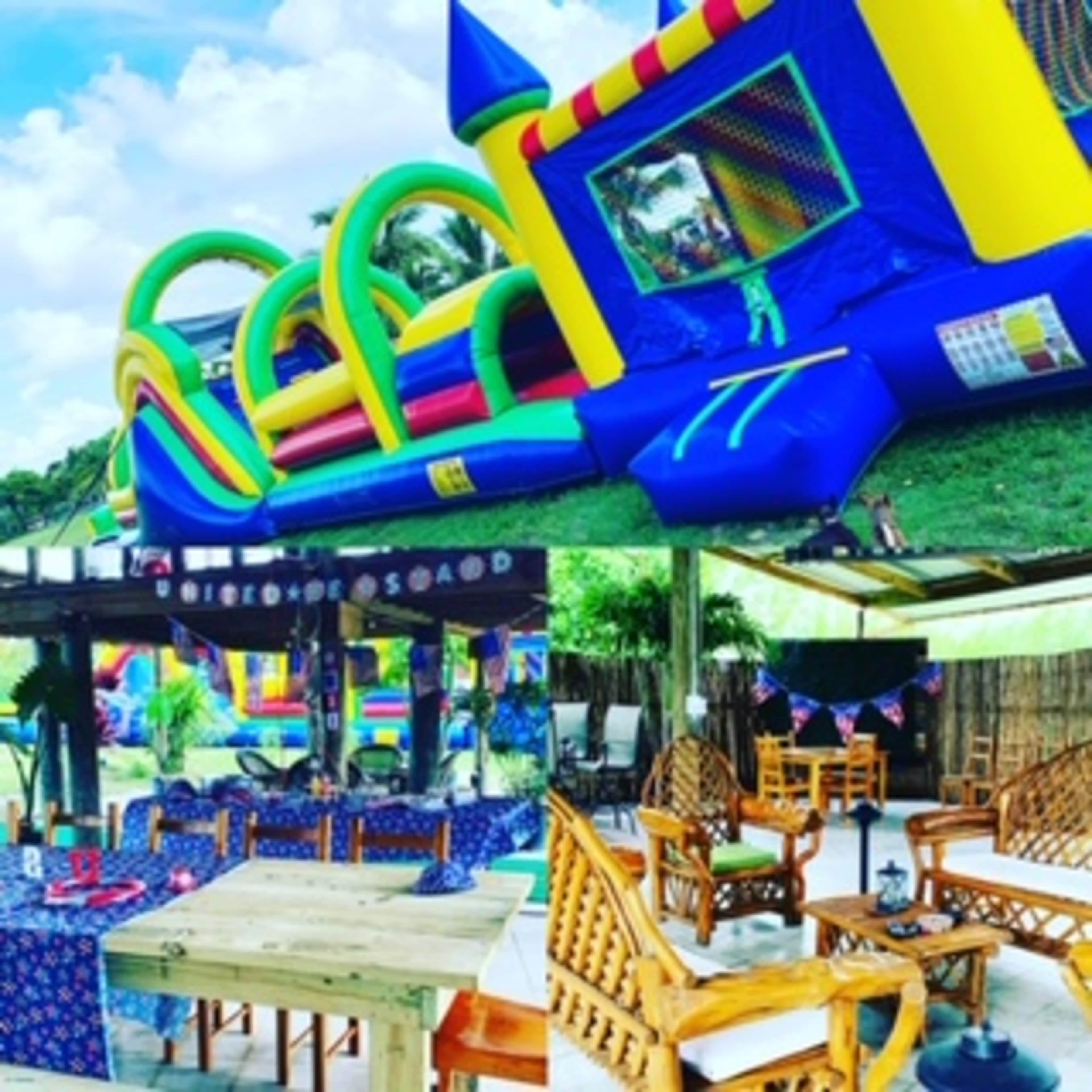 The image features a colorful inflatable bounce house alongside an outdoor party setup with tables, chairs, and decorations.