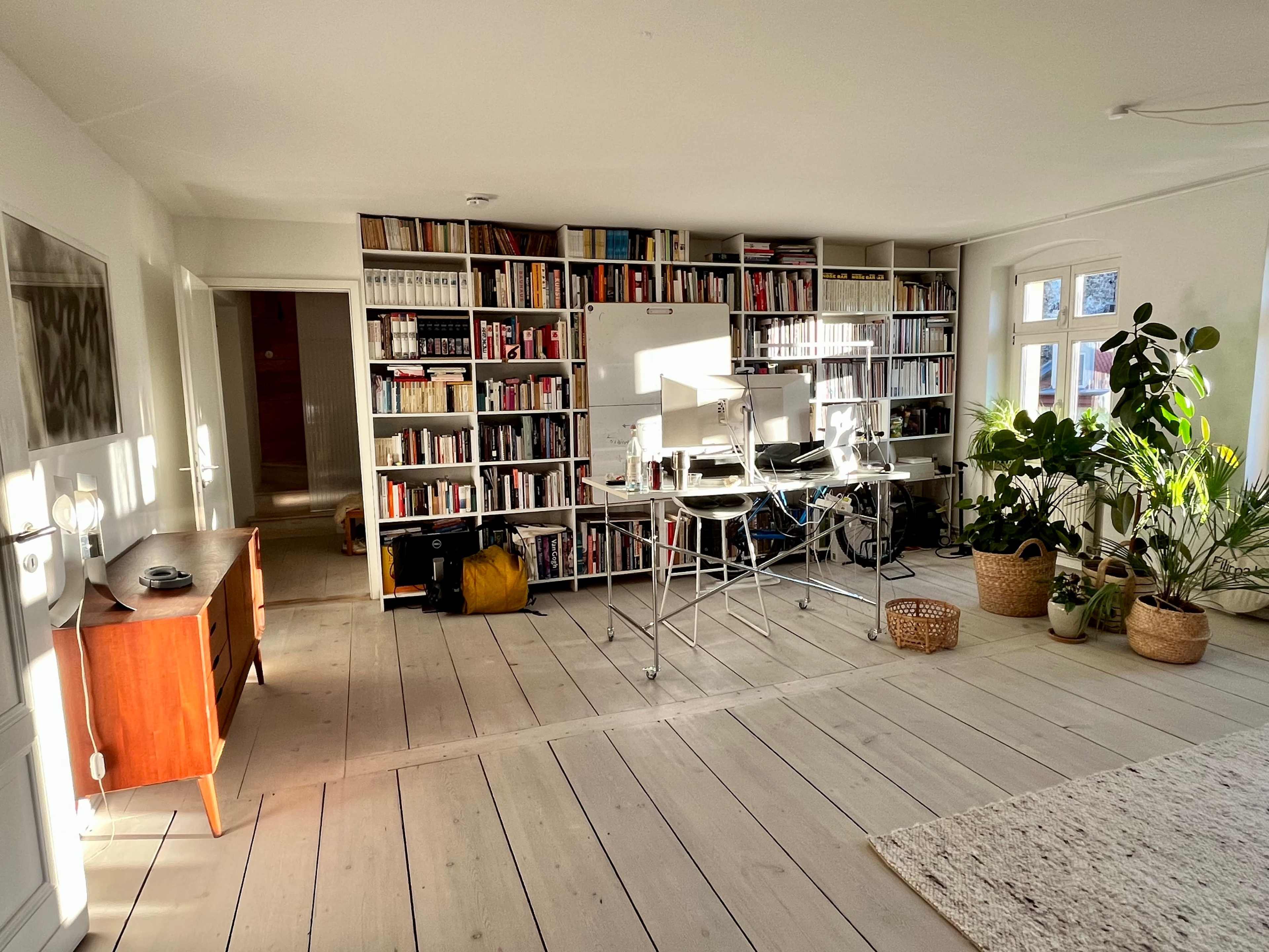 A bright room features a large bookshelf filled with books, a minimalistic desk setup with two monitors, and several plants in woven baskets.