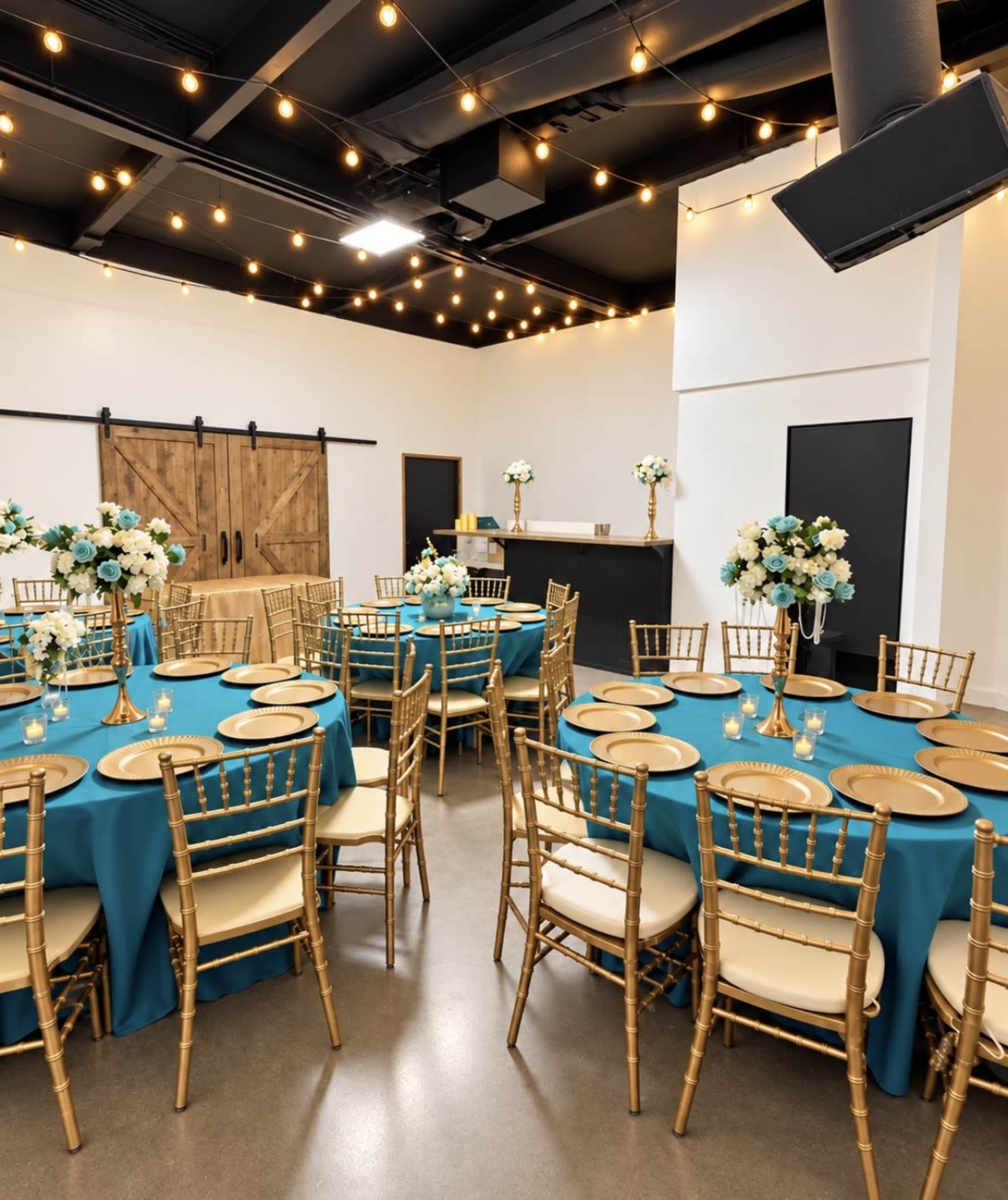 The image shows a banquet hall arranged with round tables covered in turquoise tablecloths, gold chairs, and floral centerpieces, illuminated by string lights overhead.