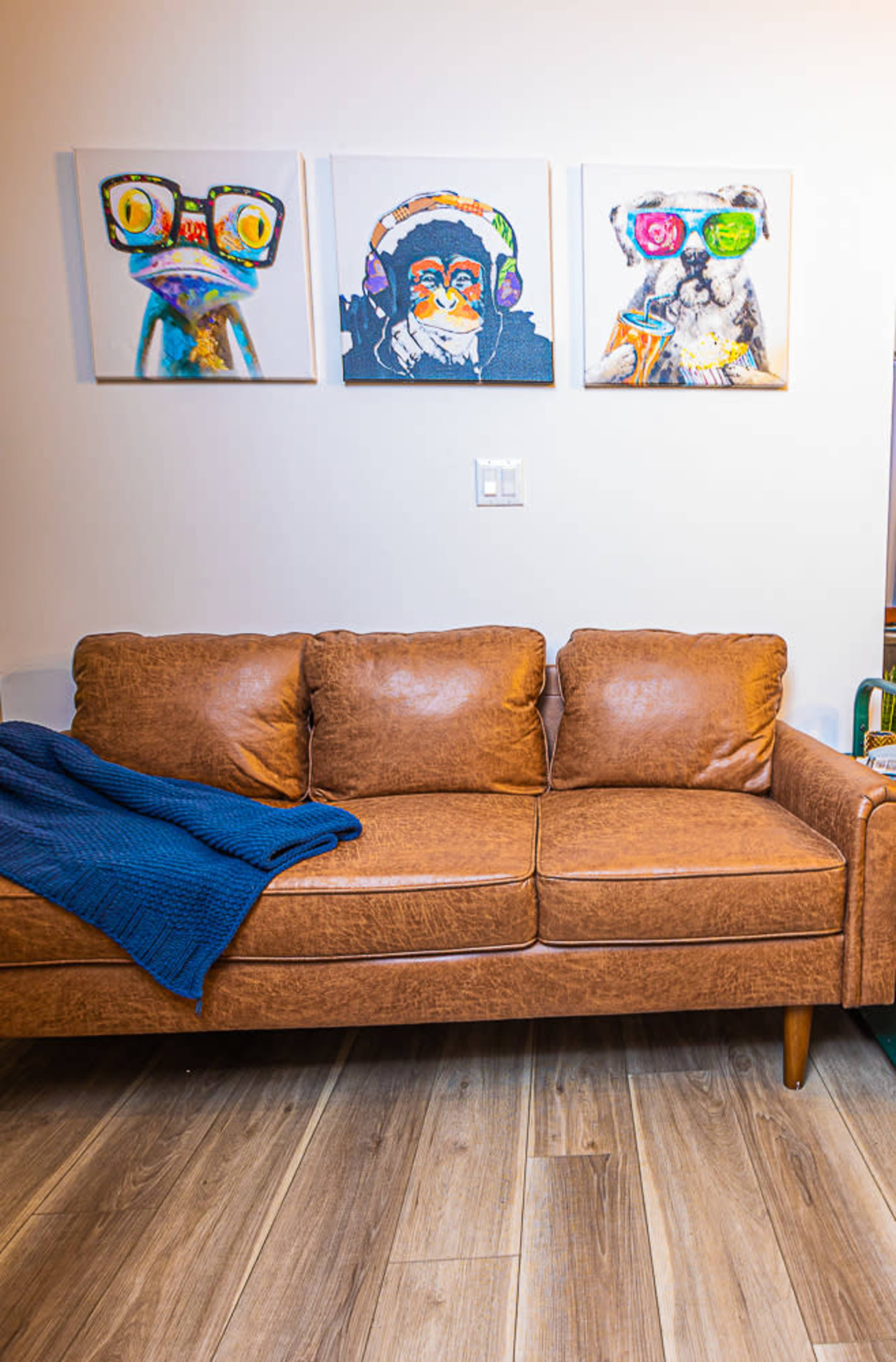 A brown leather sofa with a blue throw blanket is positioned in front of three colorful animal portraits on the wall.