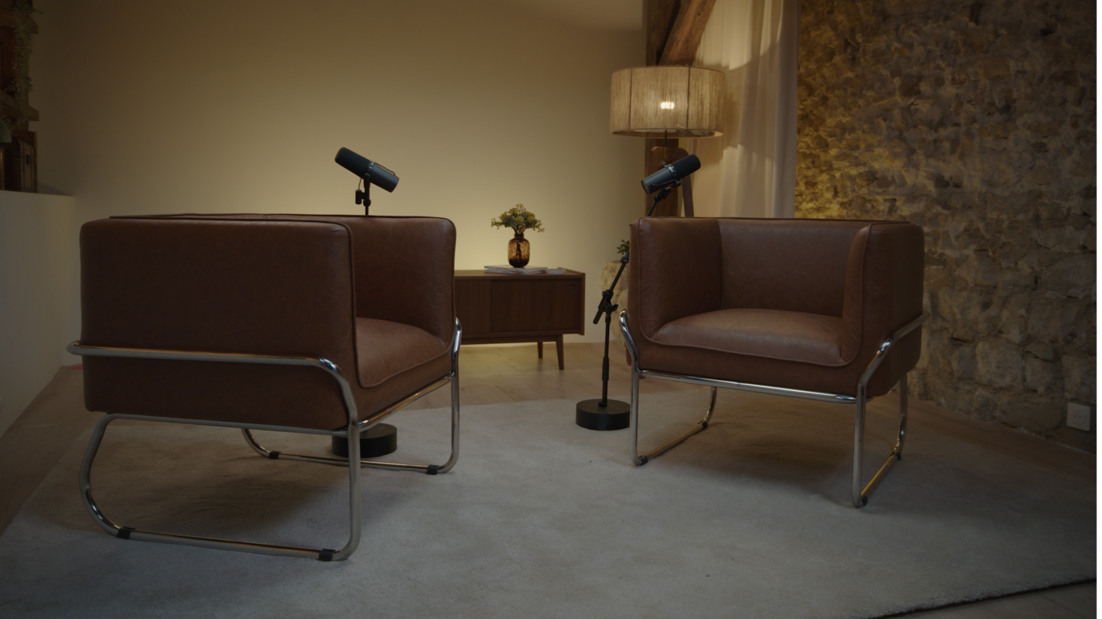 The image shows two leather chairs positioned facing each other, each accompanied by a microphone on a stand, set in a room with a stone wall and a lamp.