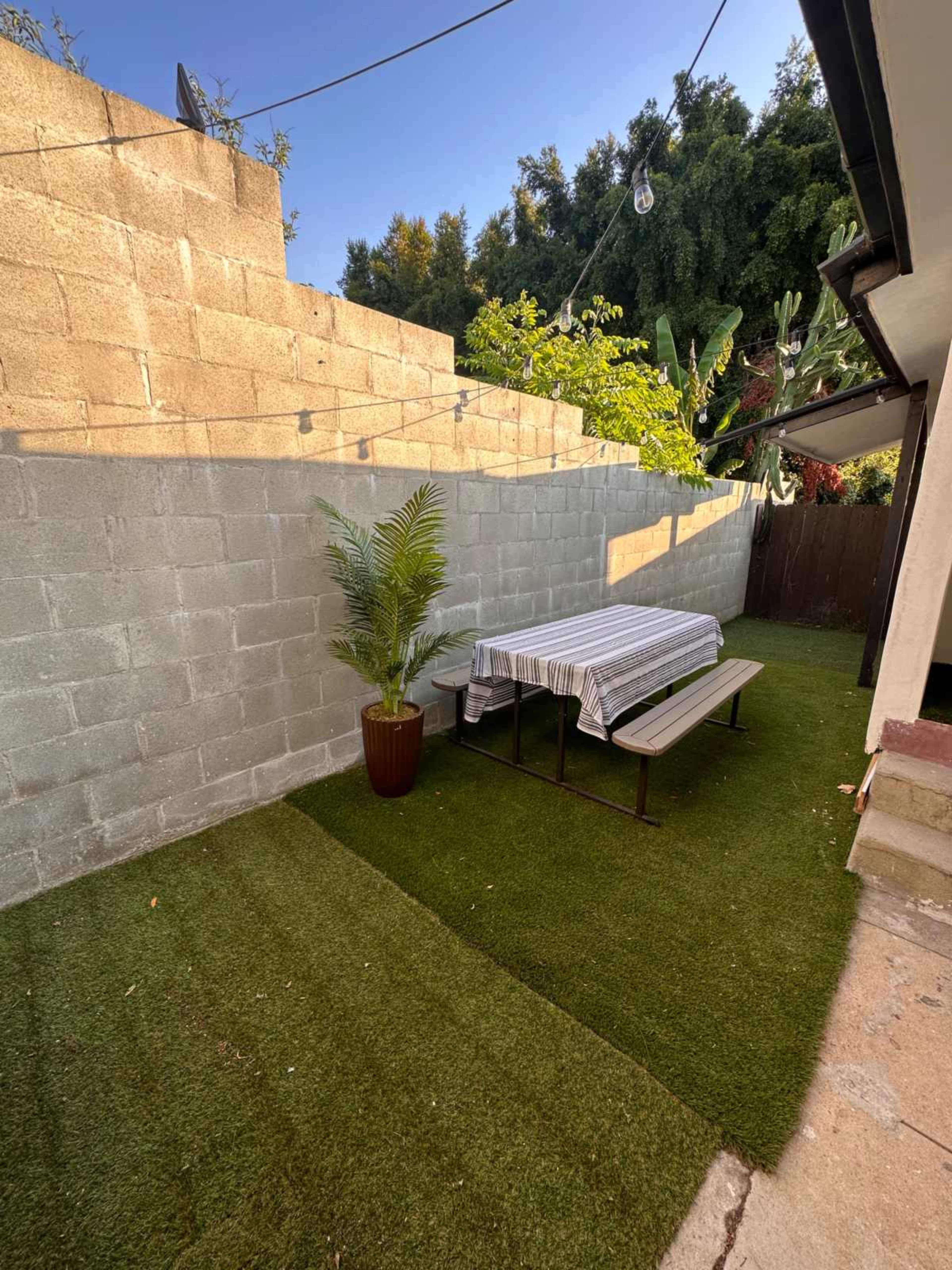 The image shows a small outdoor space featuring a rectangular table with benches on synthetic grass, bordered by a cement wall and lush greenery in the background.