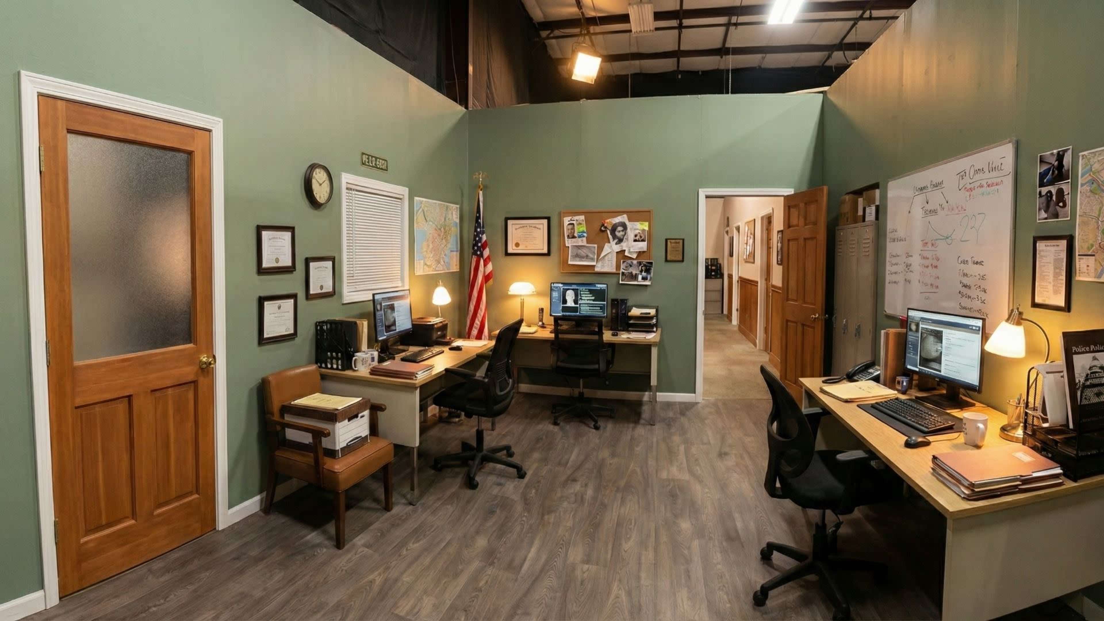 The image shows an office space with two desks, computers, and various certificates on the walls, set in a green-walled room with a door leading to another area.