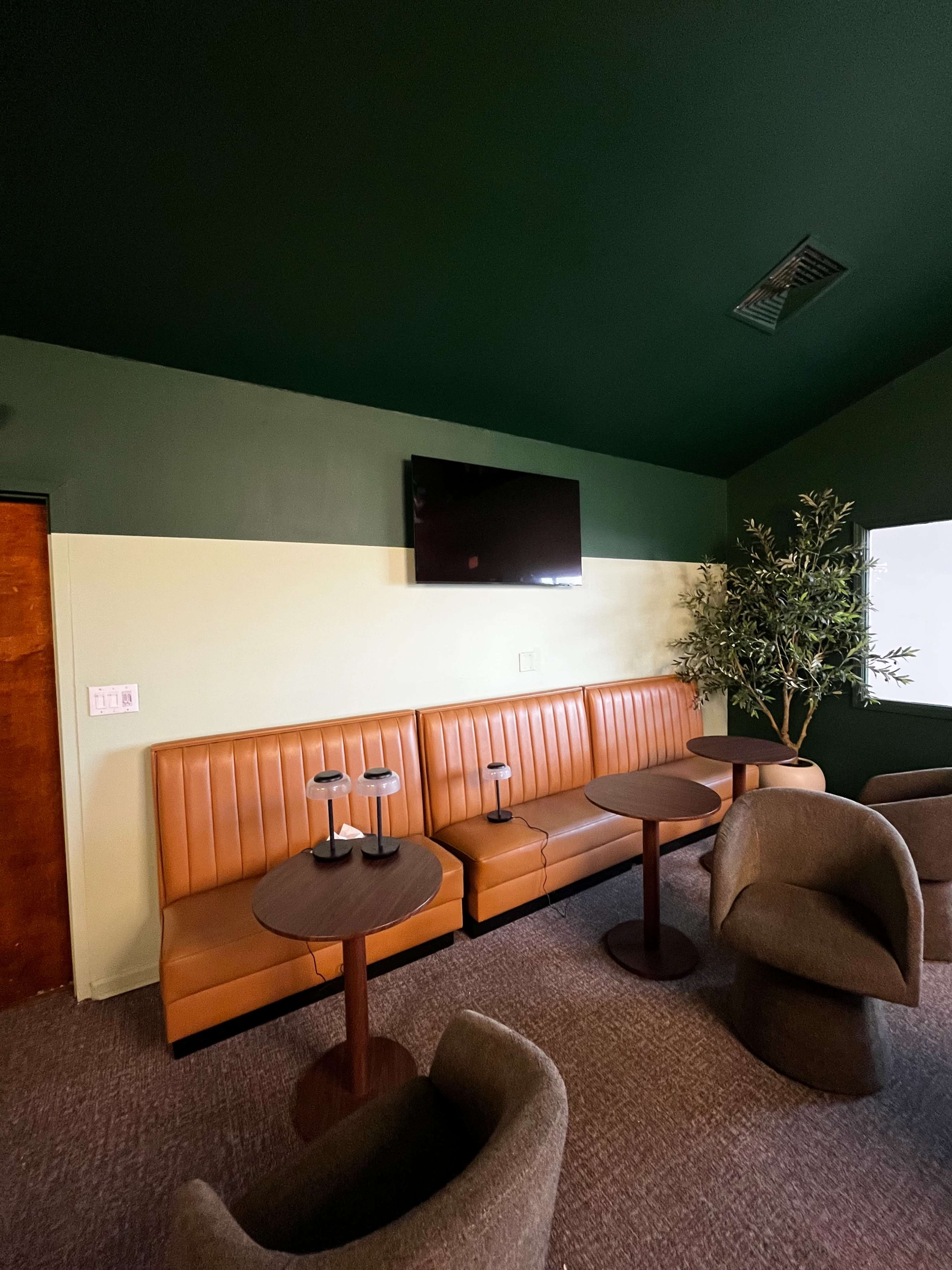 The image shows a cozy lounge area featuring brown leather seating, small round tables, and a green-painted ceiling, with a television mounted on the wall.