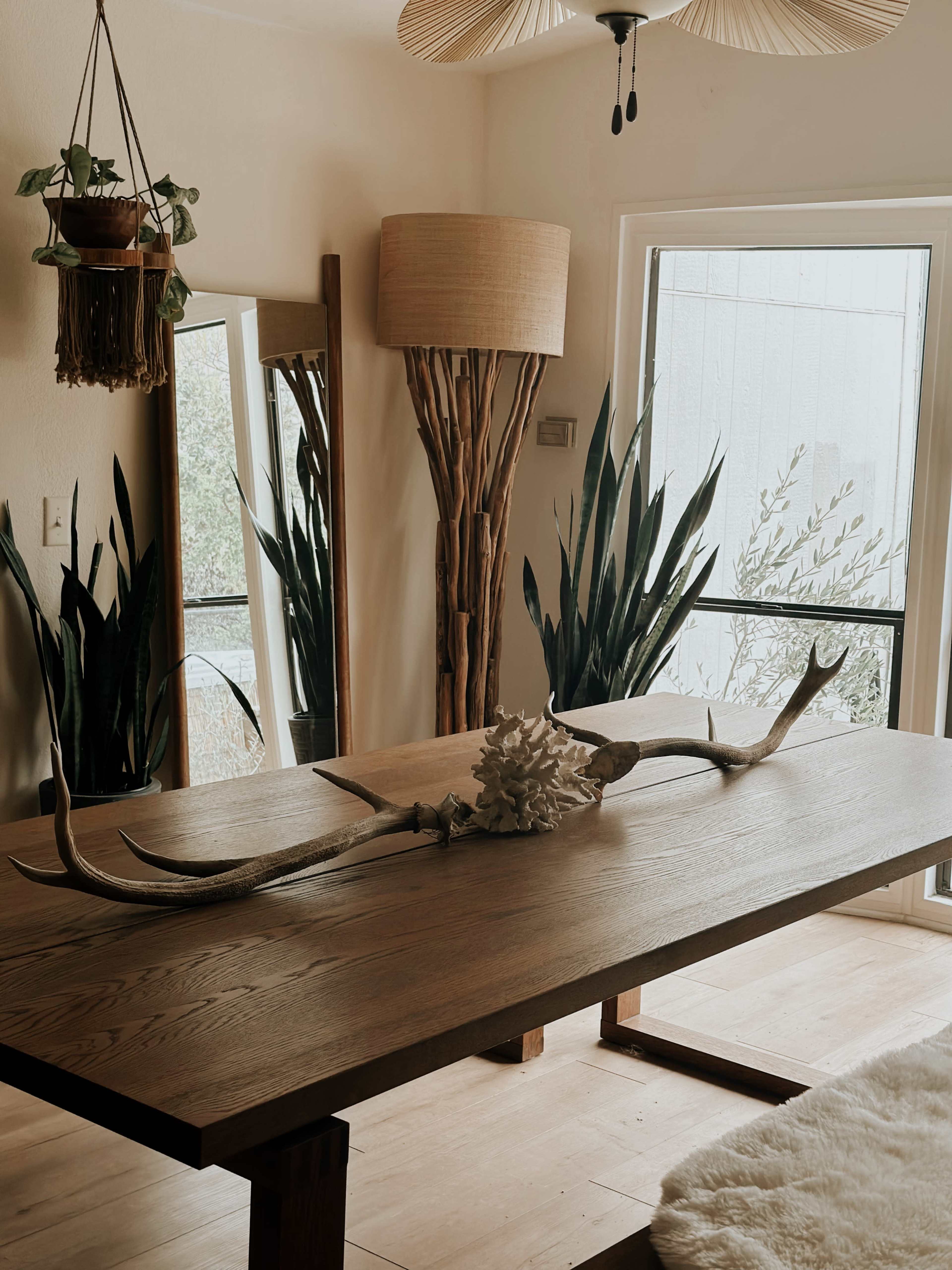 A wooden dining table with an antler centerpiece is set in a room featuring plants, a floor lamp, and a large mirror.