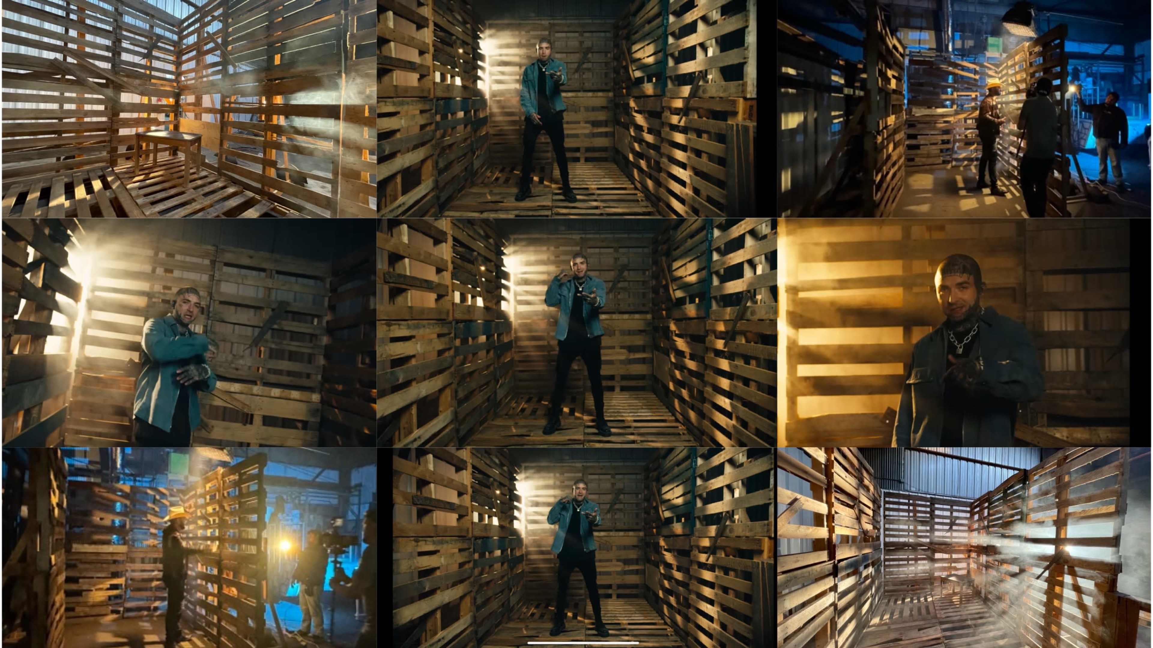 A series of shots showing a man posing in a complex wooden structure made of pallets, with various lighting effects and angles.