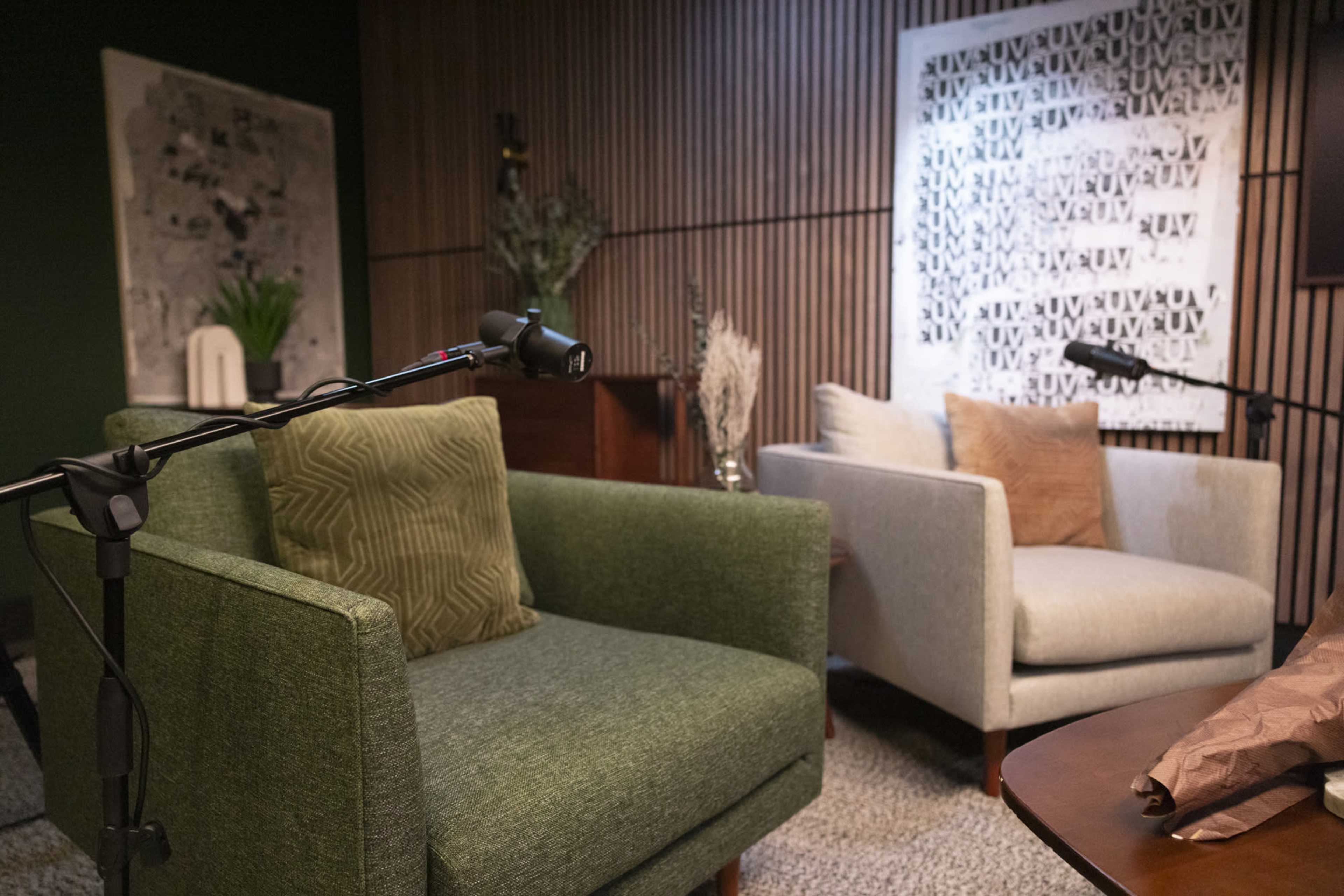 Pre-Lit, Luxe Podcast Studio with Engineer and Equipment (6K BlackMagic Cameras, Shure SM7B Mics, Custom Lighting) Image in Tropico, Glendale, CA