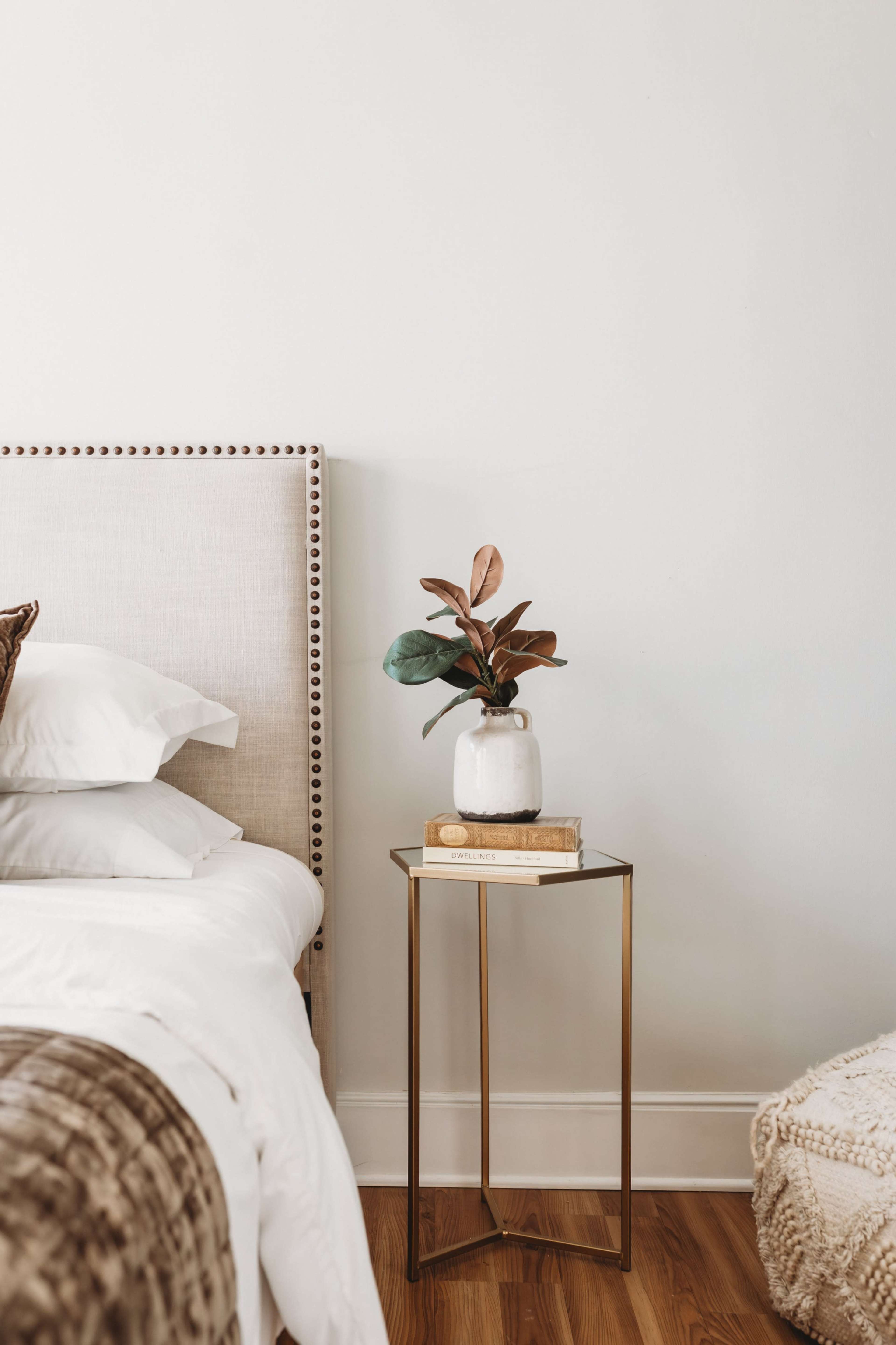 A small side table with a potted plant and books is positioned beside a bed with a upholstered headboard and neatly arranged pillows.