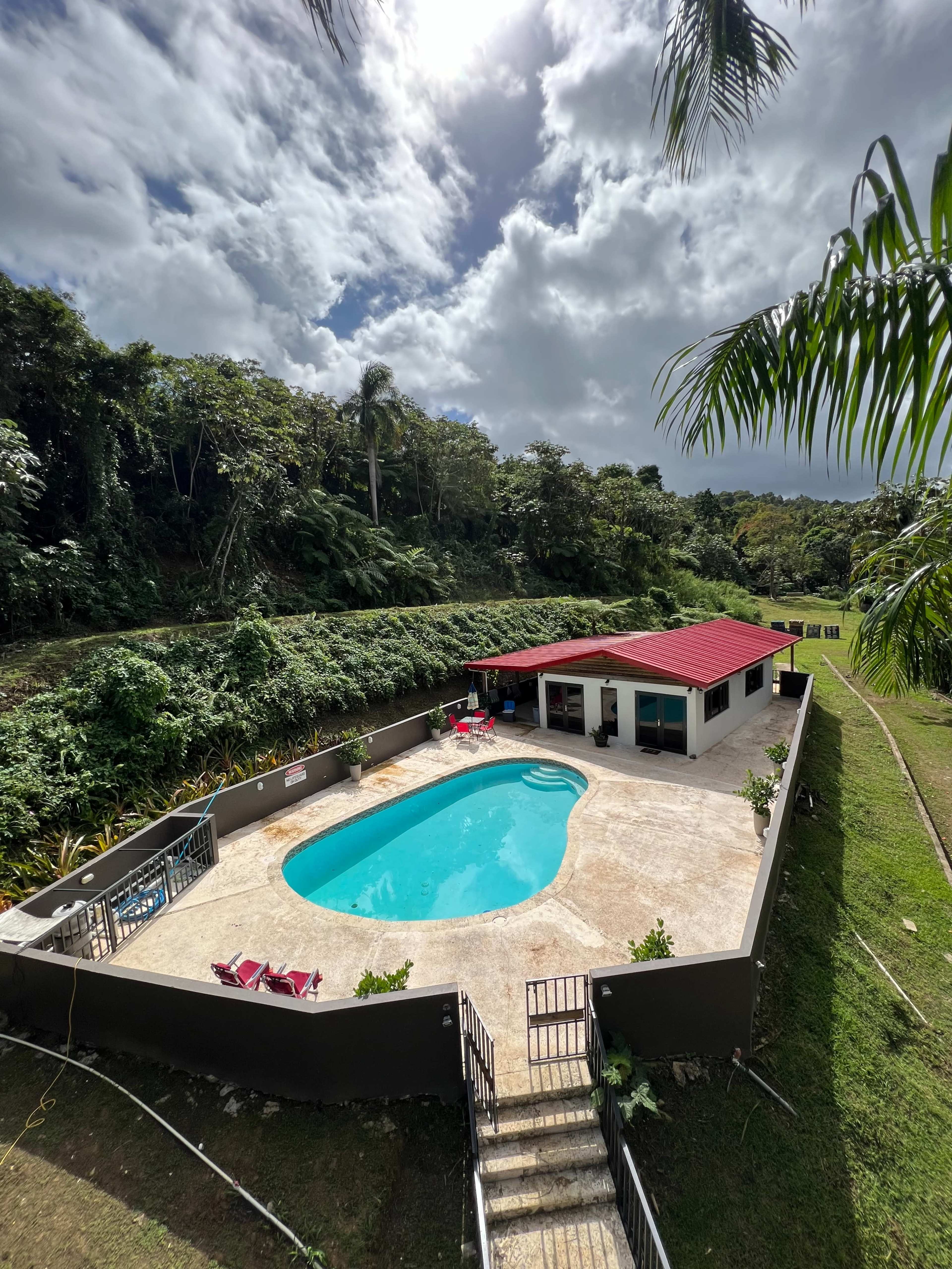The image shows a swimming pool surrounded by a concrete patio and a small building set against a backdrop of lush greenery under a partly cloudy sky.