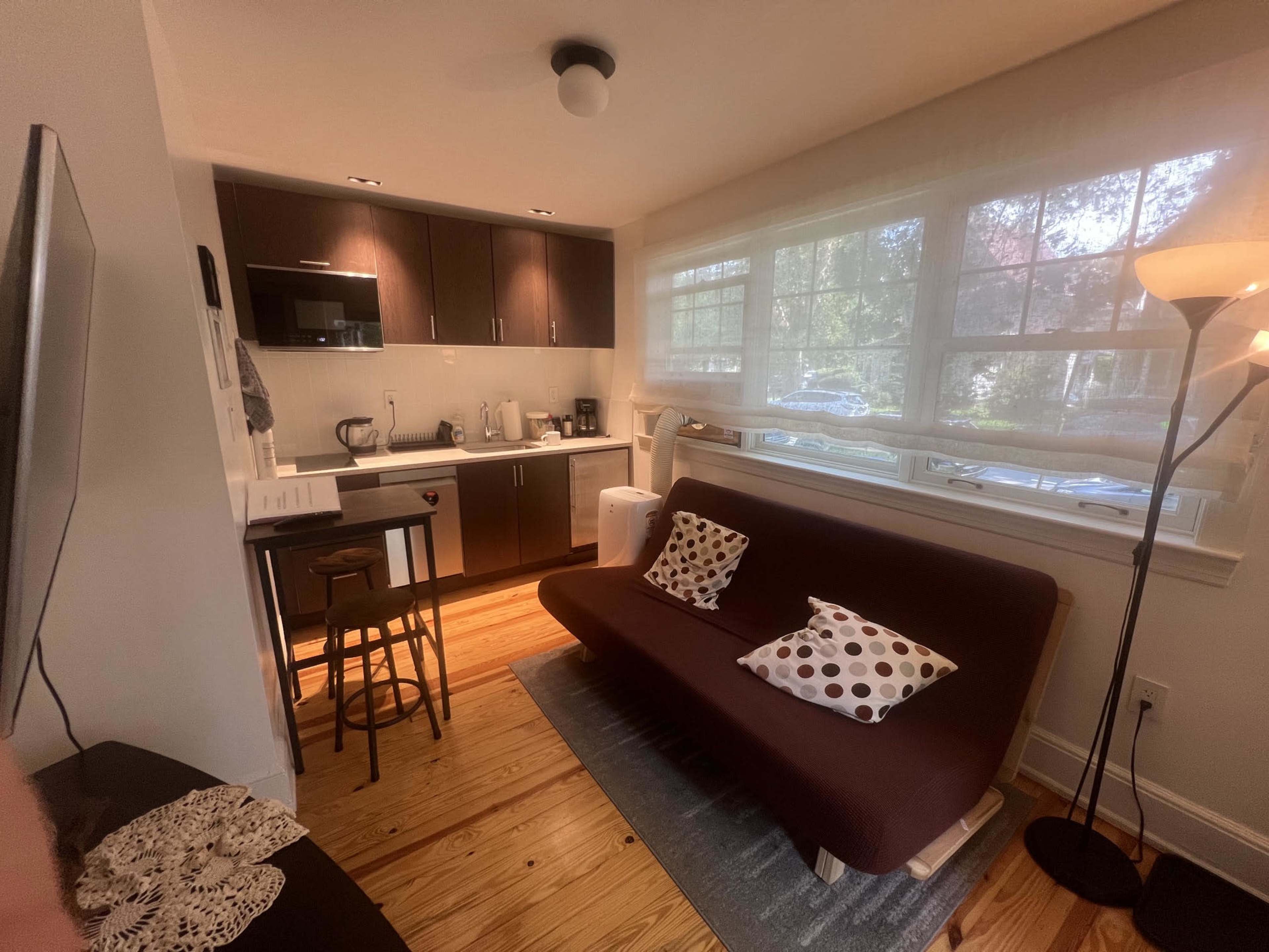 The image shows a compact living space featuring a small kitchenette with dark cabinetry and a seating area that includes a sofa with patterned cushions.