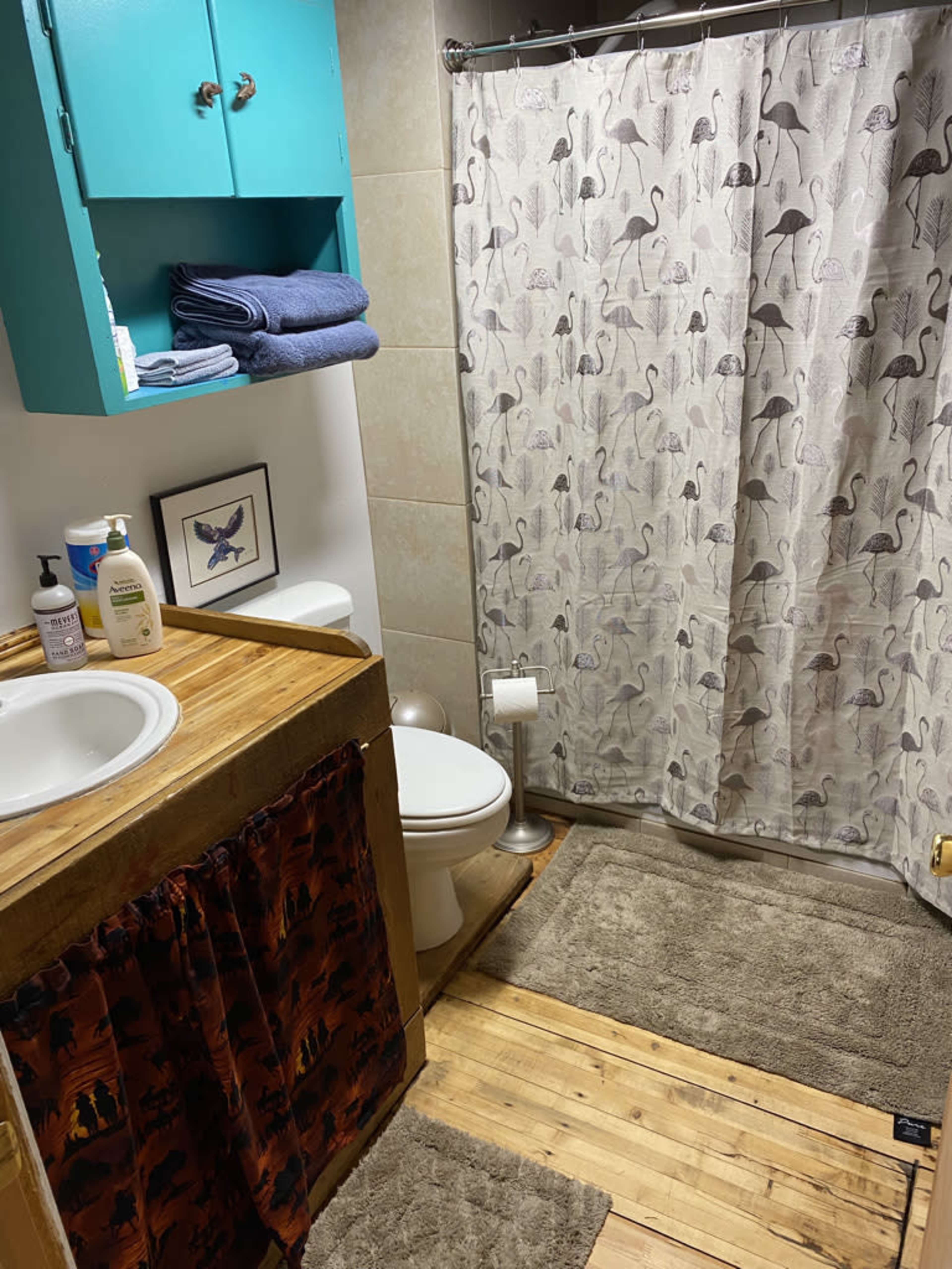 A bathroom featuring a sink with a wooden countertop, a shower curtain with flamingo designs, a toilet, and stacked towels on a blue cabinet.