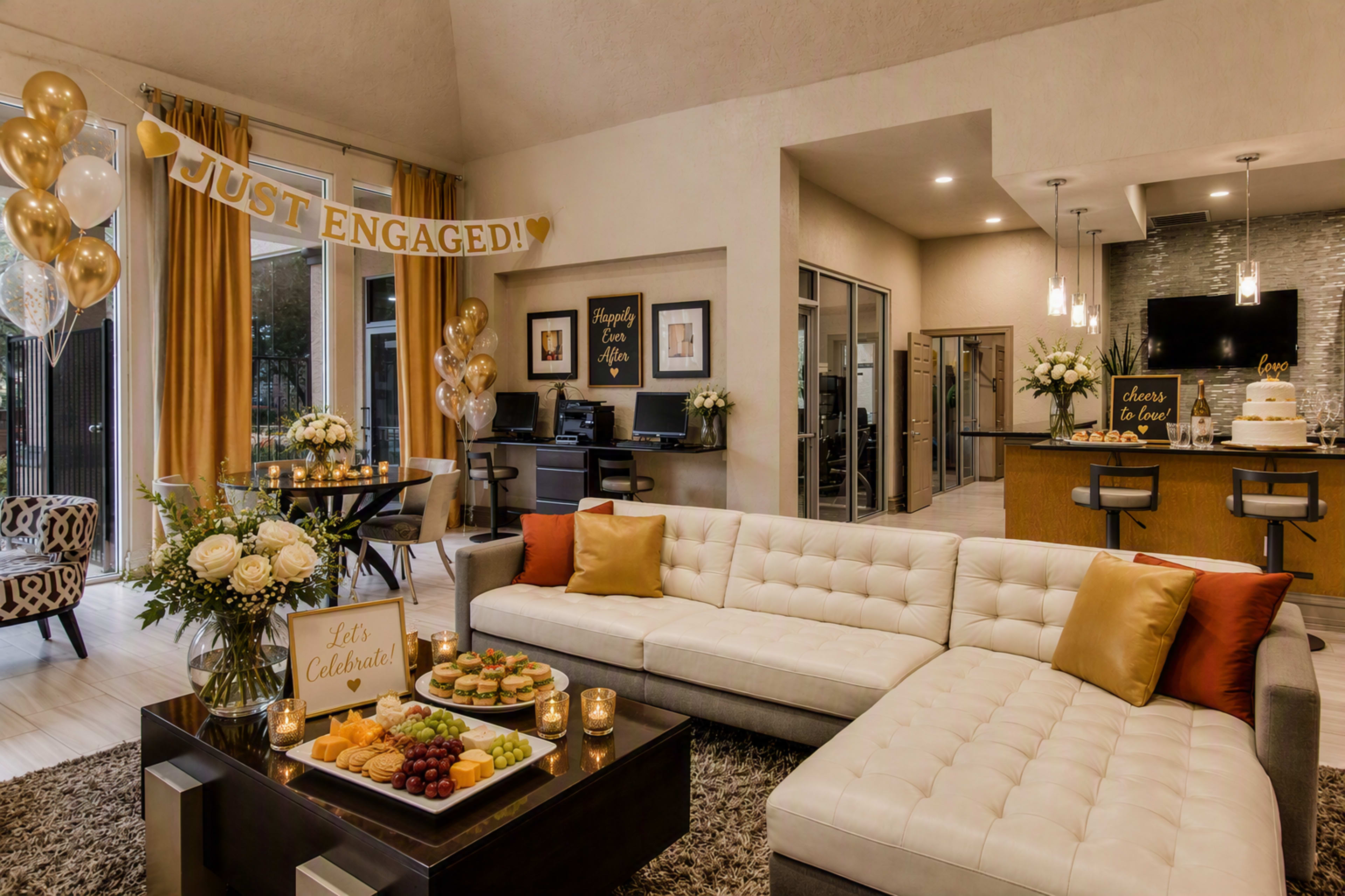 The image shows a stylish living room decorated for an engagement celebration, featuring a large sectional sofa, a table with food and candles, and a banner reading "JUST ENGAGED!" draped across the room.