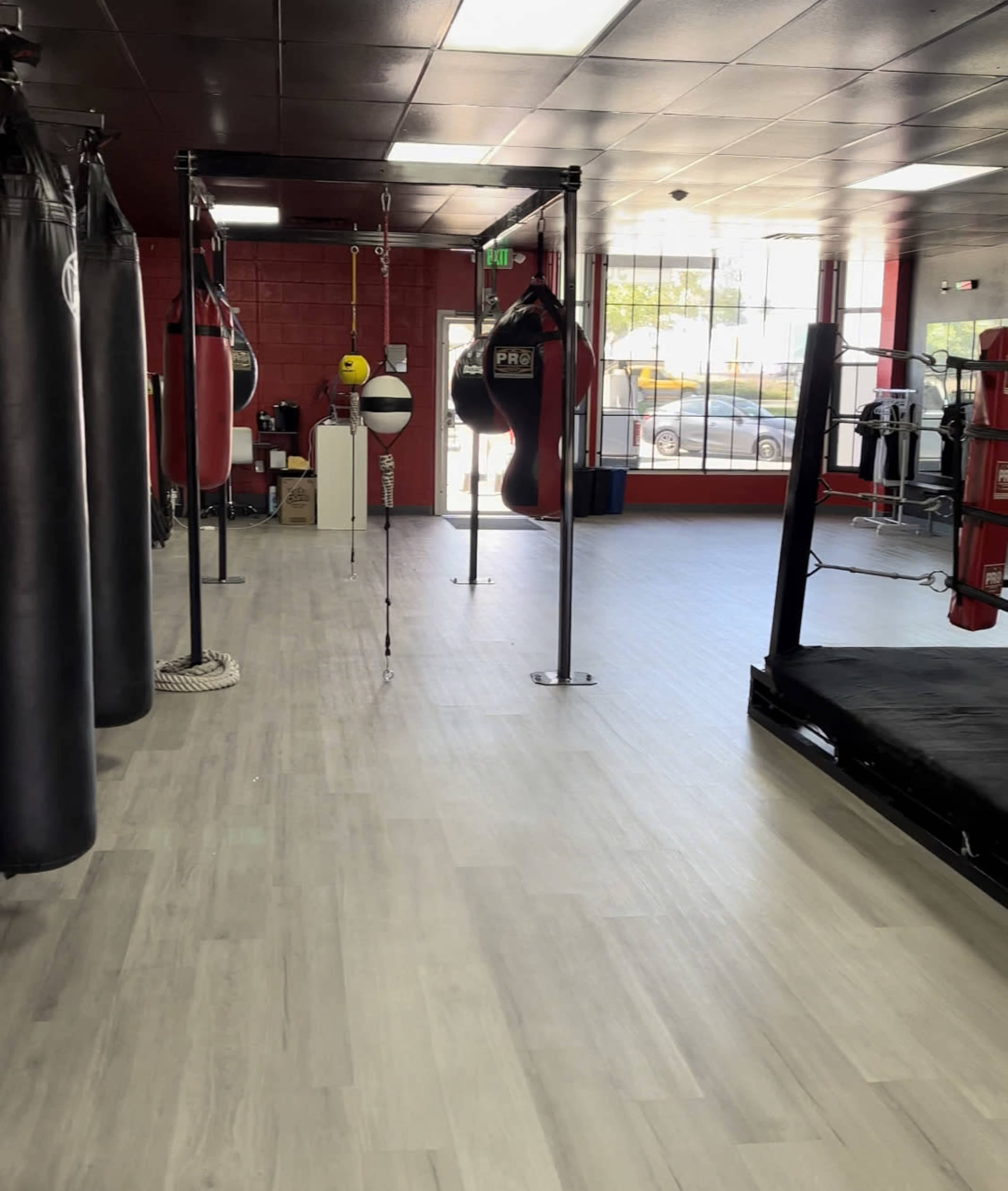 The image shows an indoor boxing gym with punching bags, speed bags, and a boxing ring, featuring a clean, well-lit space with gray flooring.