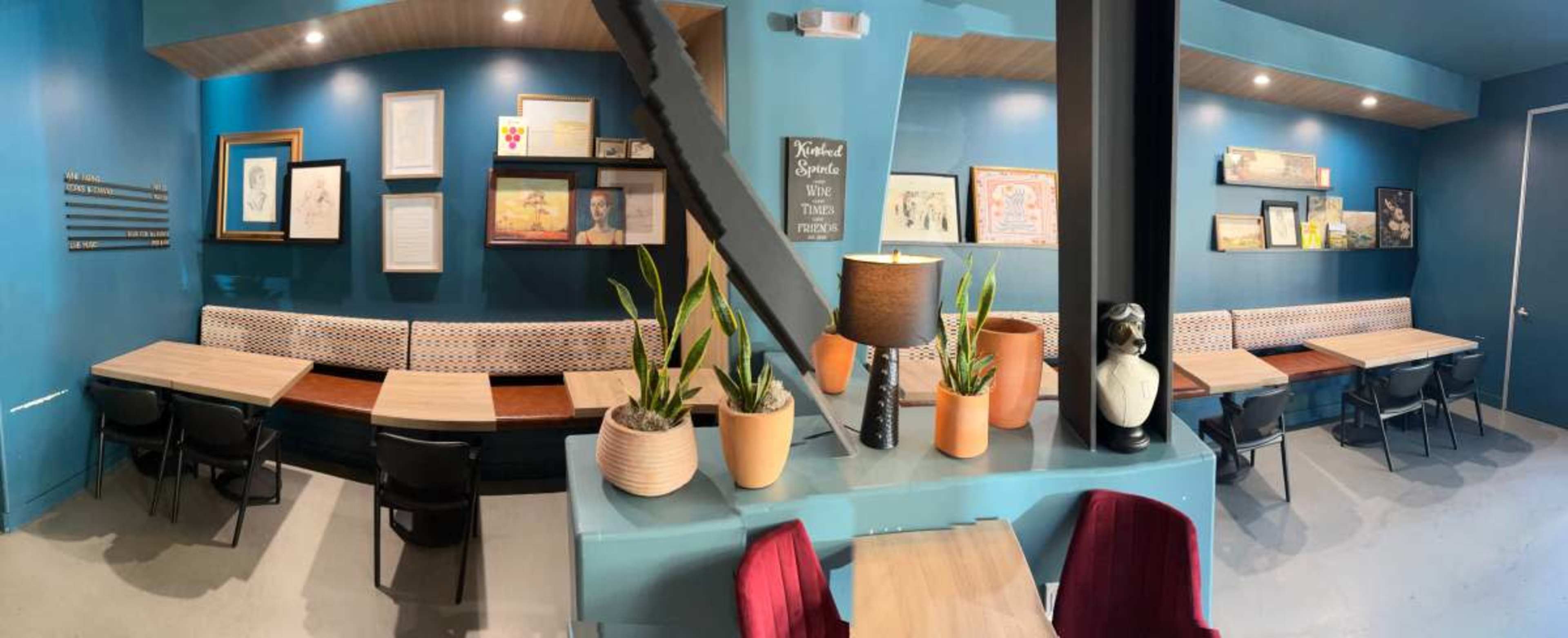 The image shows a brightly colored café interior with turquoise walls, wooden tables, and potted plants arranged along the seating area.