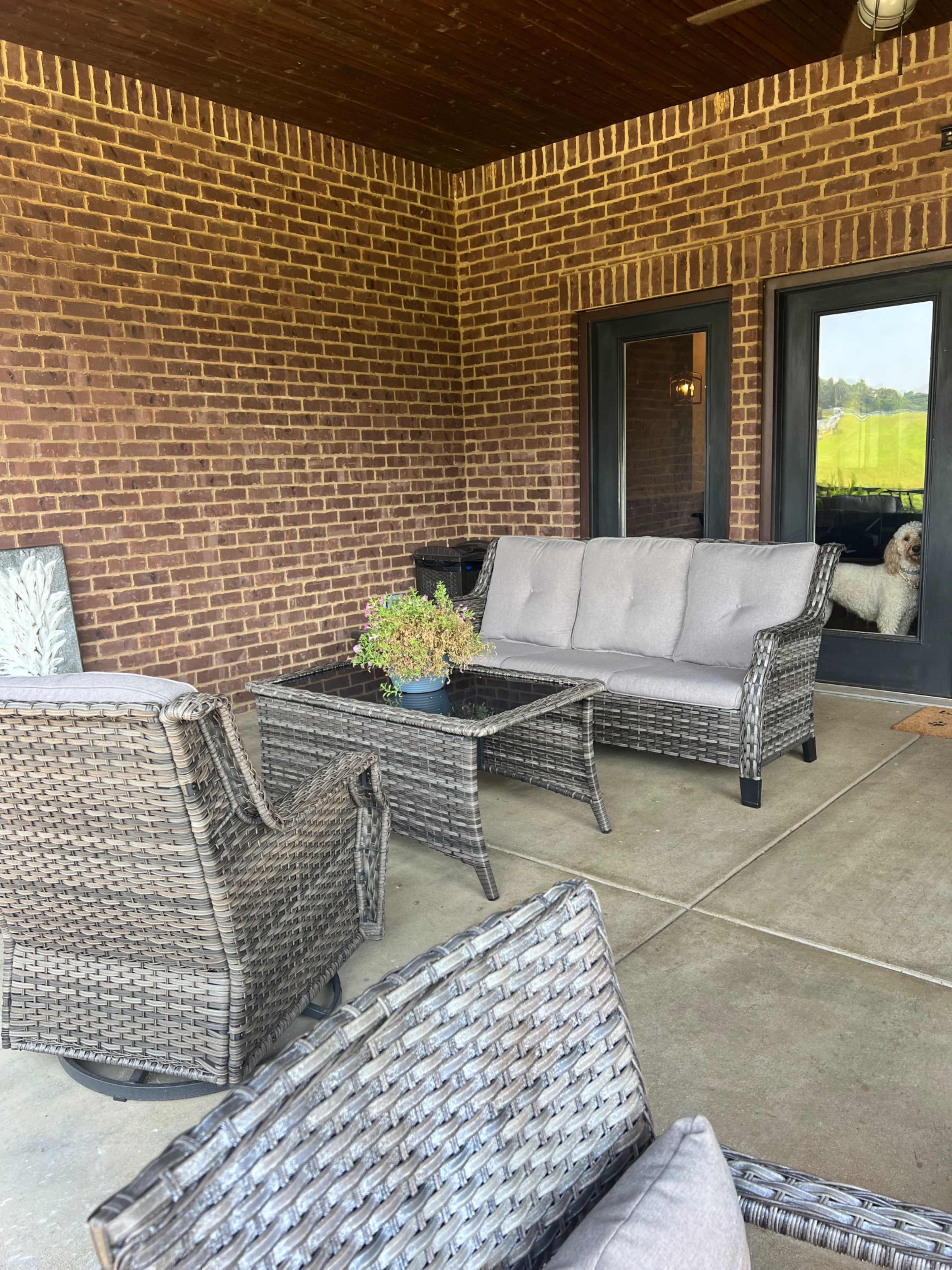 A patio area features wicker furniture, including a sofa and chairs, with a glass-top table and a view of a door through which a dog is visible.