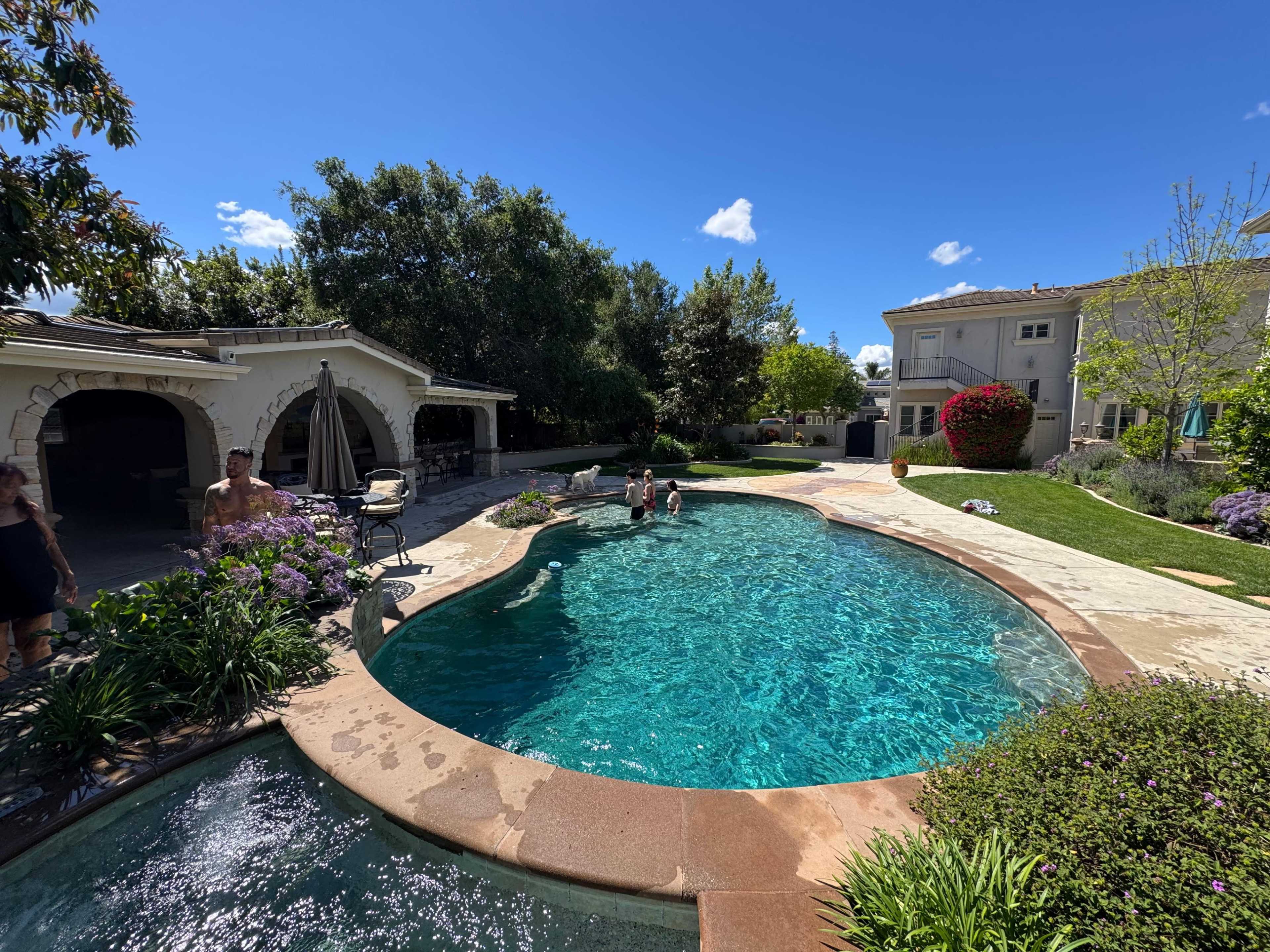 The image shows a residential backyard with a large blue swimming pool, surrounded by landscaped gardens and a two-story house in the background.
