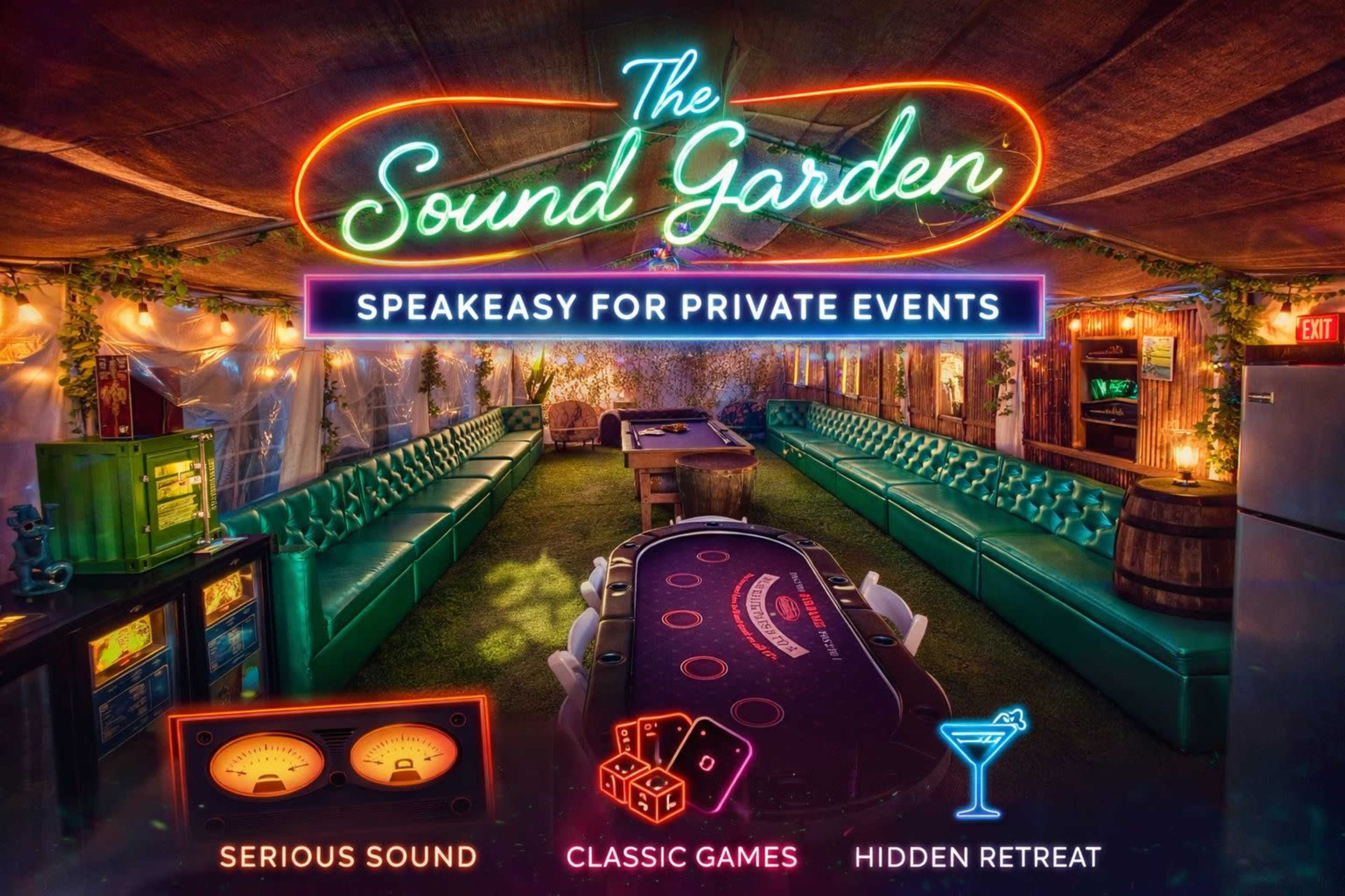 The image displays a dimly lit speakeasy venue adorned with green couches and a central gaming table, featuring neon signs and elements indicating a focus on sound, games, and an exclusive atmosphere for private events.