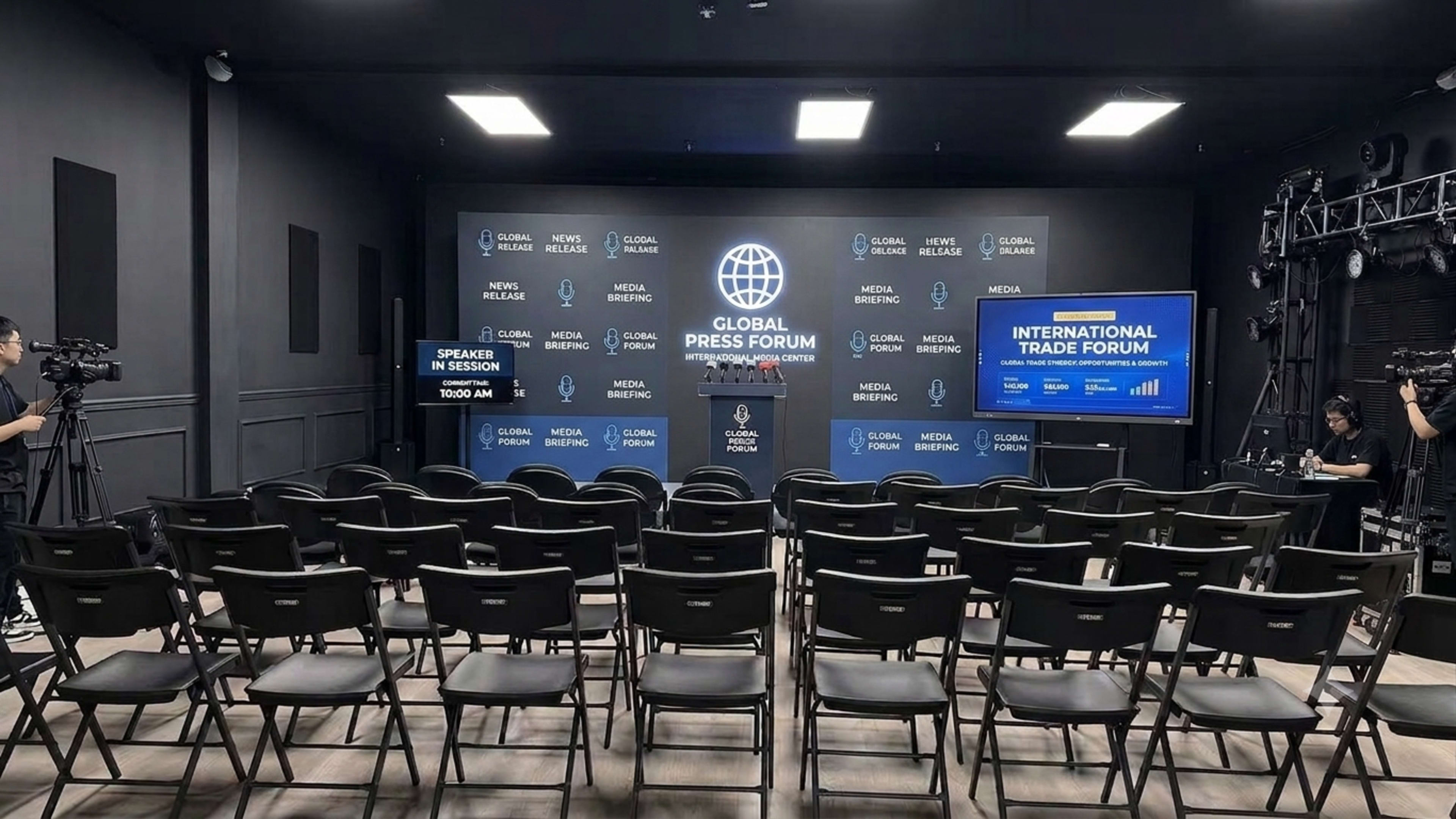 A press conference setup features rows of empty chairs facing a stage with a podium, flanked by screens displaying the "Global Press Forum" and "International Trade Forum" signage.