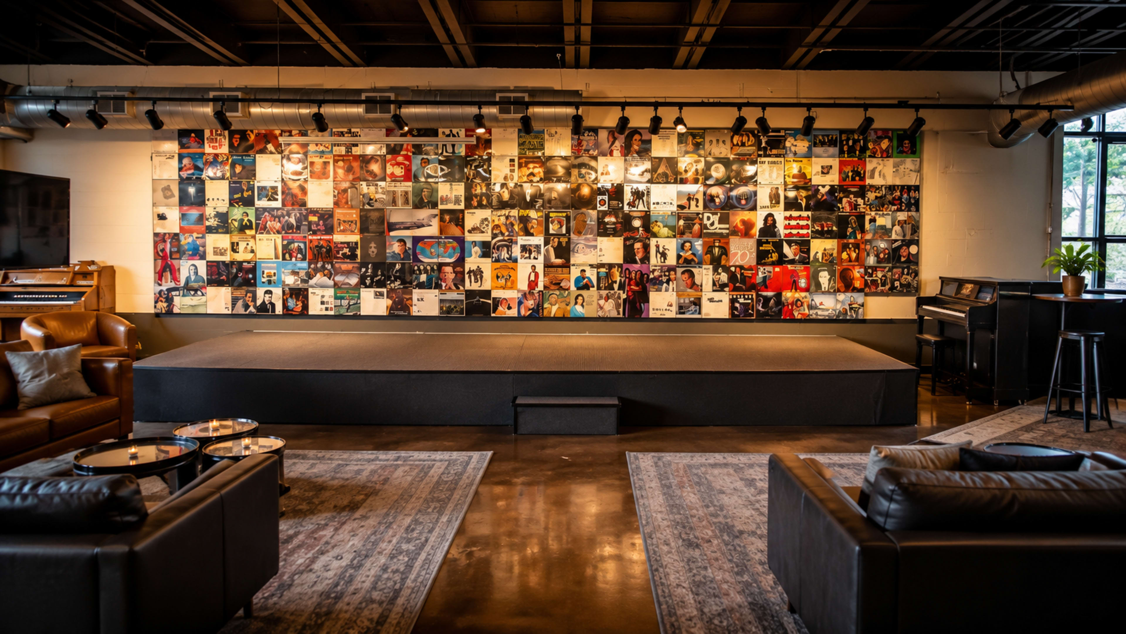The image shows a stage in a cozy venue with a wall decorated with hundreds of vinyl record covers and seating arranged around the stage area.