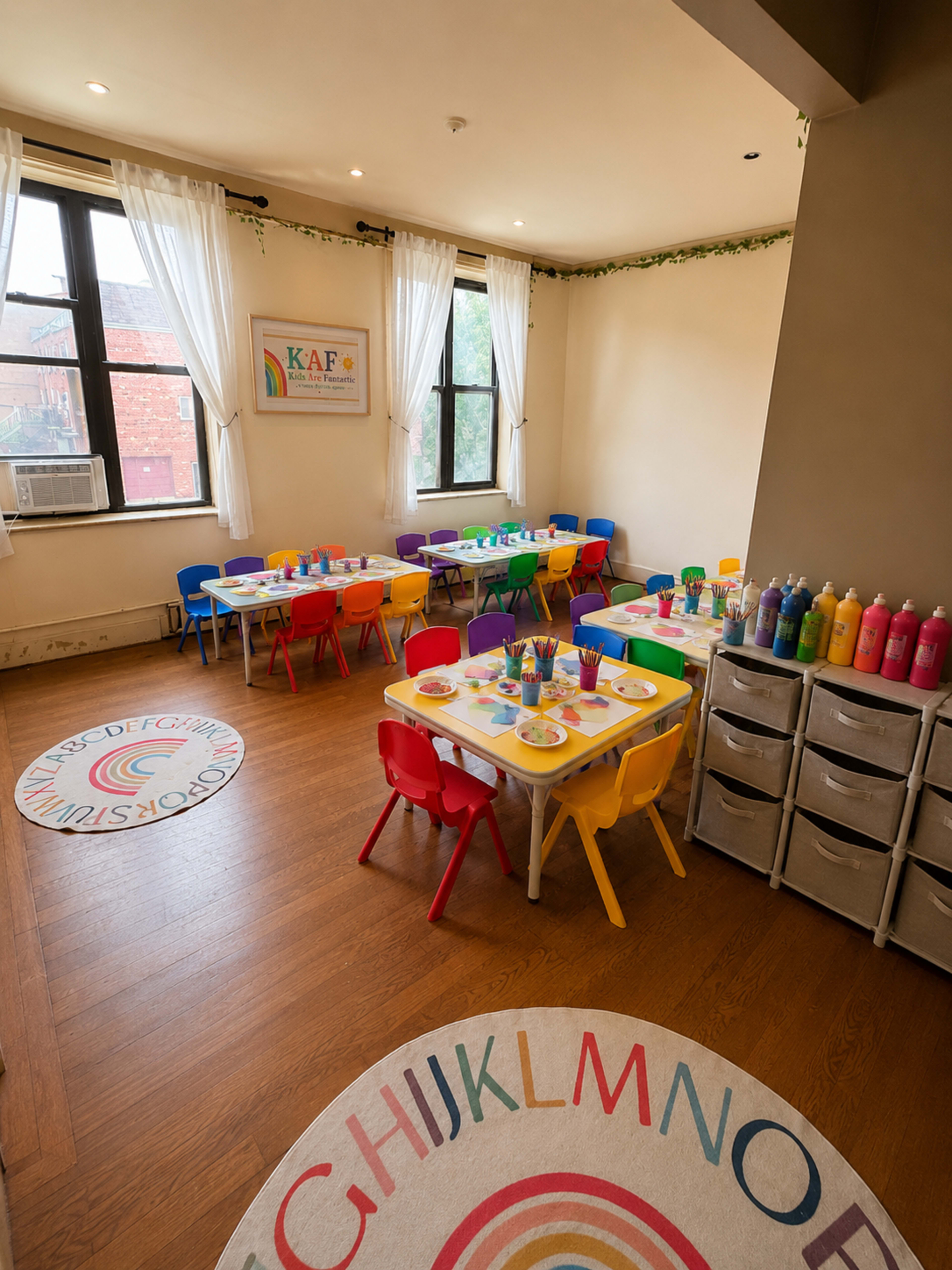 The image shows a colorful children's art room with several small tables and chairs, art supplies on display, and a rug featuring letters and a rainbow design.