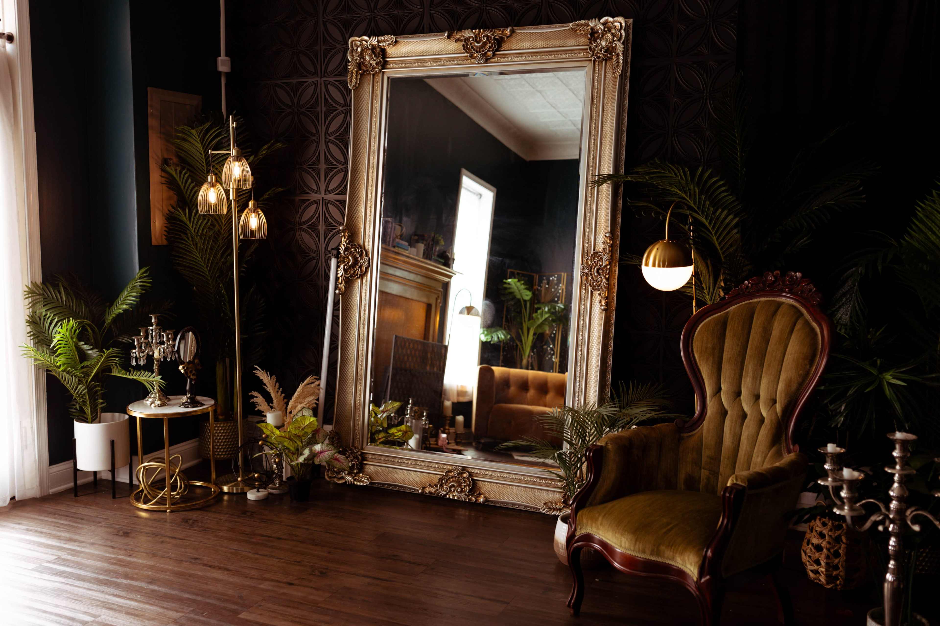 The room features a large ornate mirror, a vintage chair, and decorative plants, set against a dark textured wall.