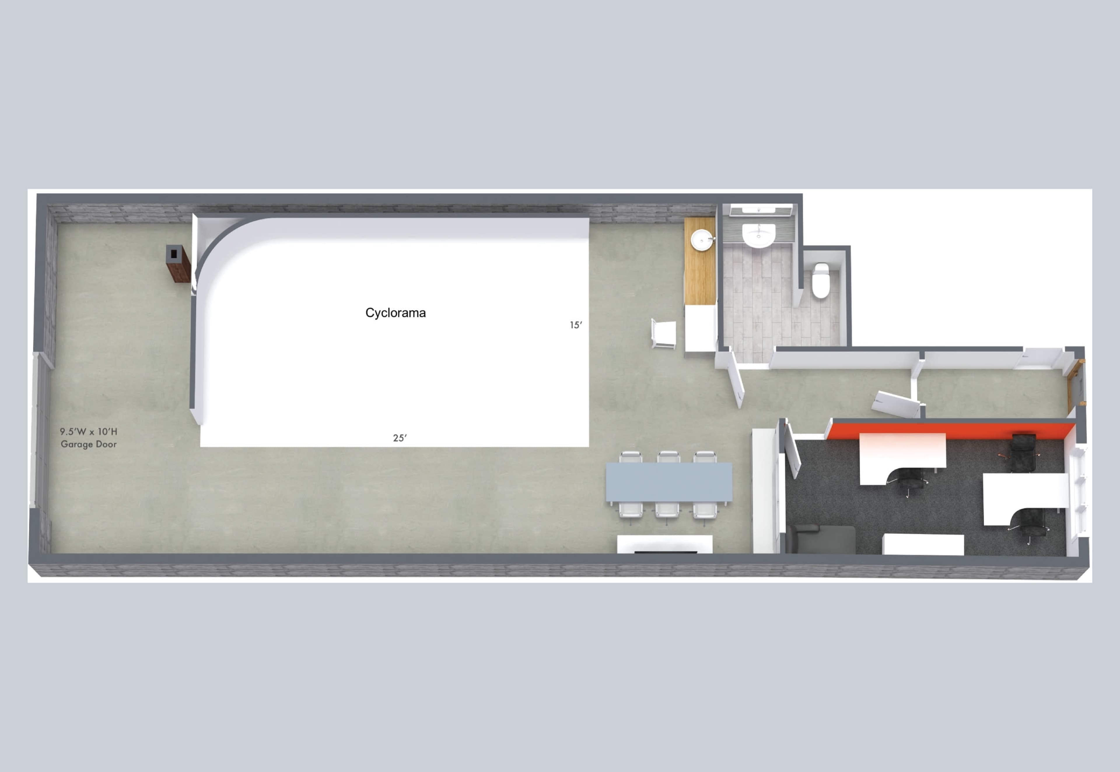 The image shows a floor plan of a room featuring a cyclorama, seating areas, workspace with desks, a kitchenette, and a restroom.