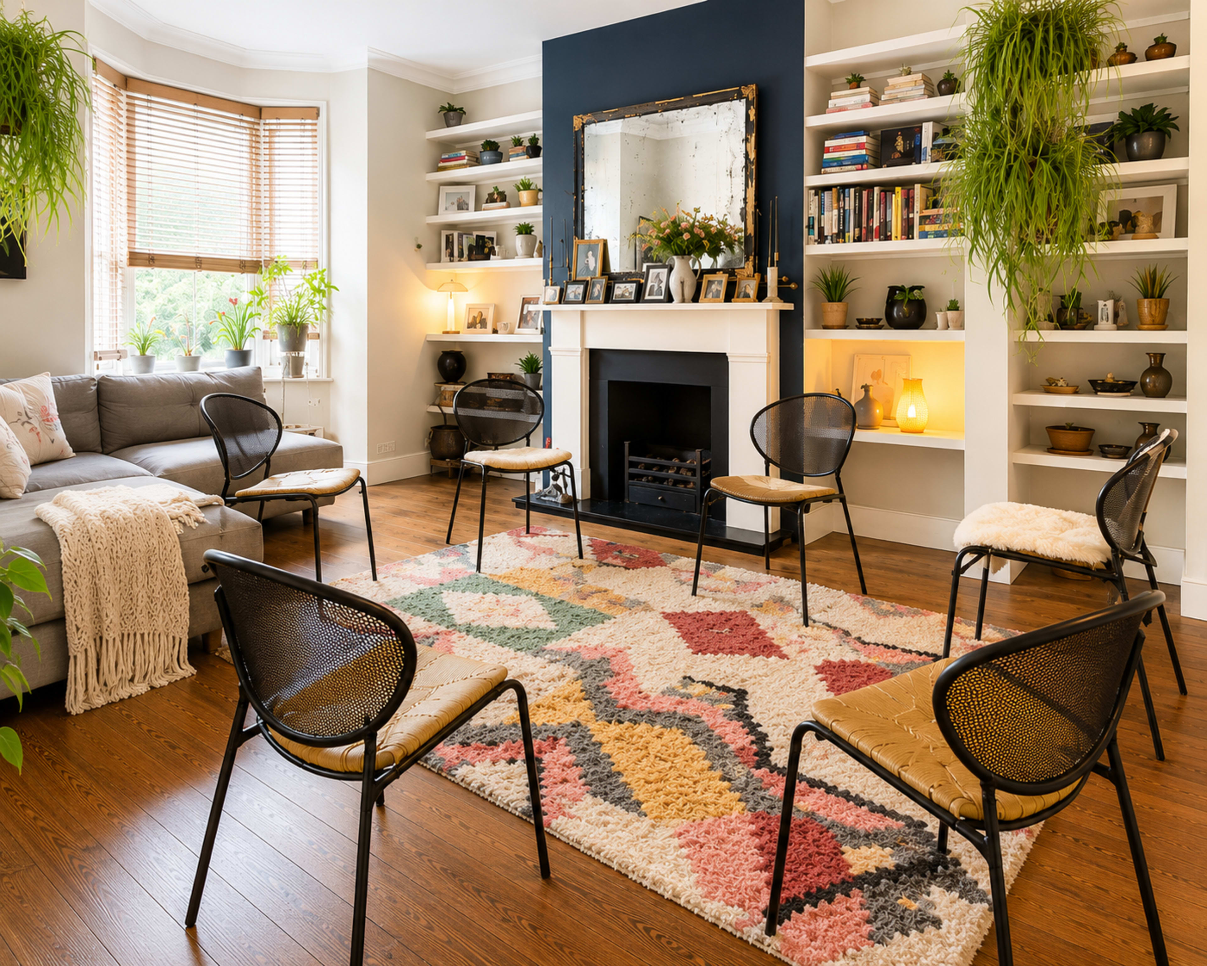 A living room features a circular arrangement of black chairs on a colorful patterned rug, with shelves displaying plants and decorative items.