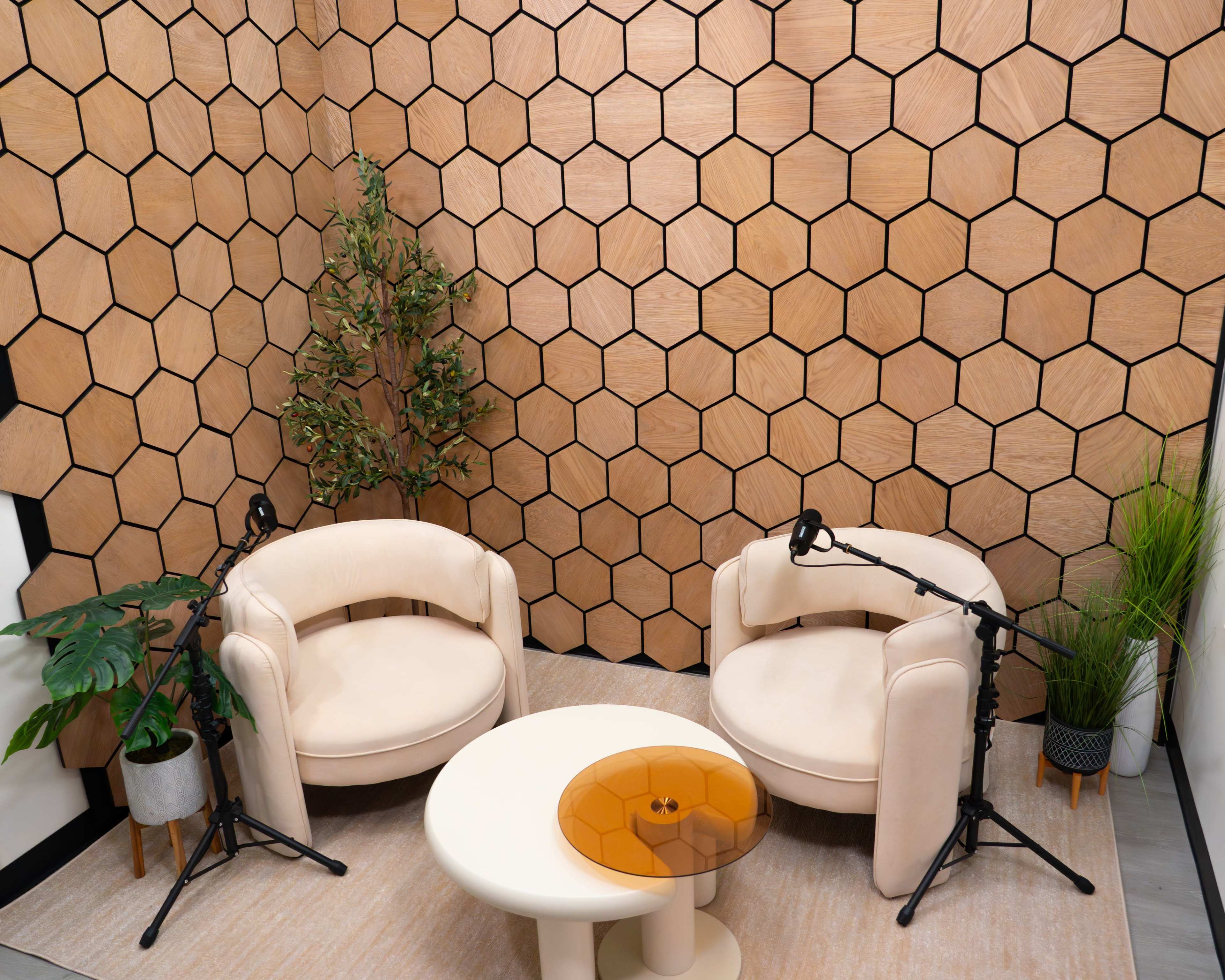 The image shows a small recording studio with two beige chairs facing a round table, surrounded by a honeycomb-patterned wooden wall and potted plants.