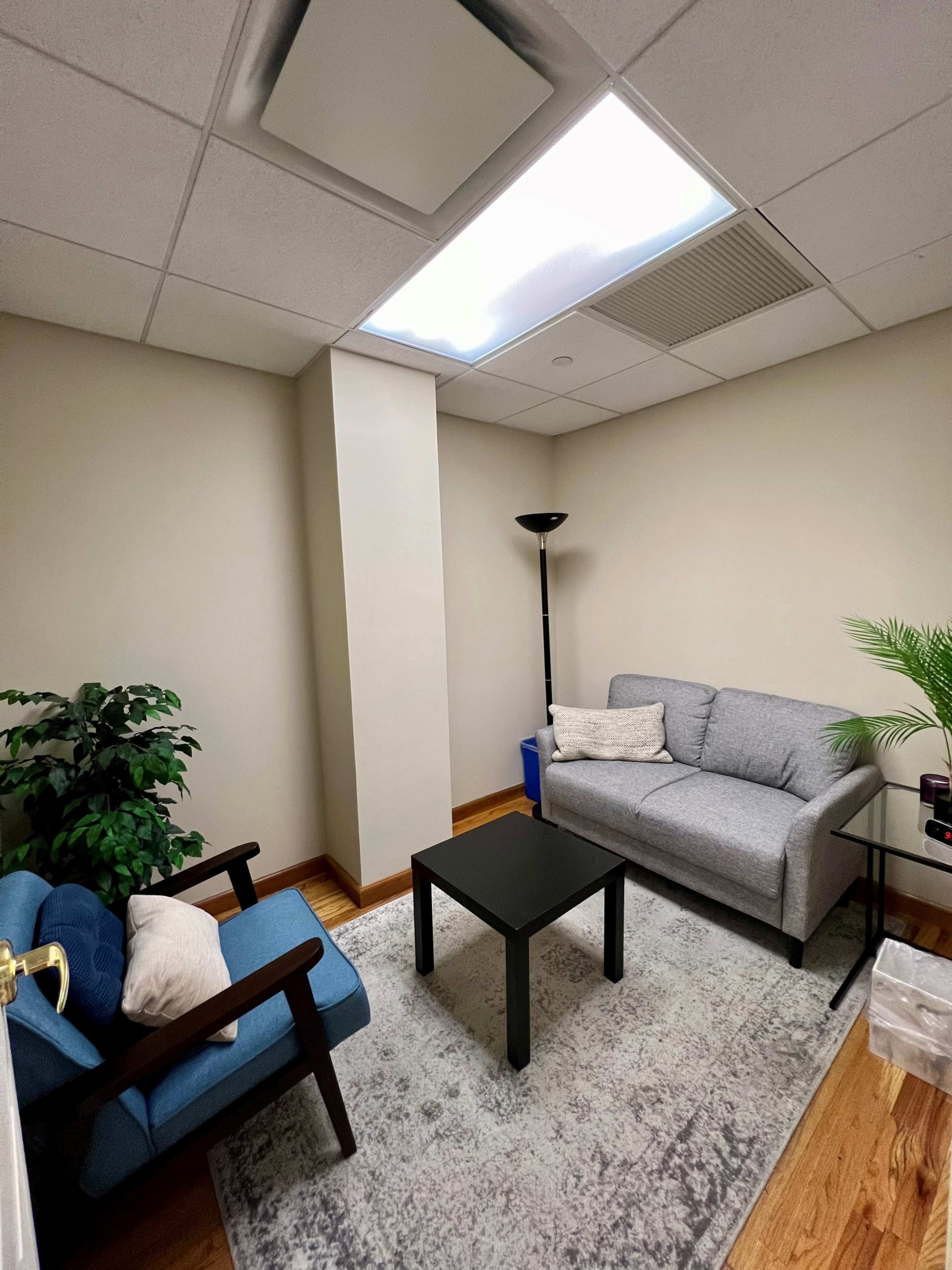 The image shows a small, well-lit office space with a gray couch, a blue armchair, a black coffee table, and a potted plant.