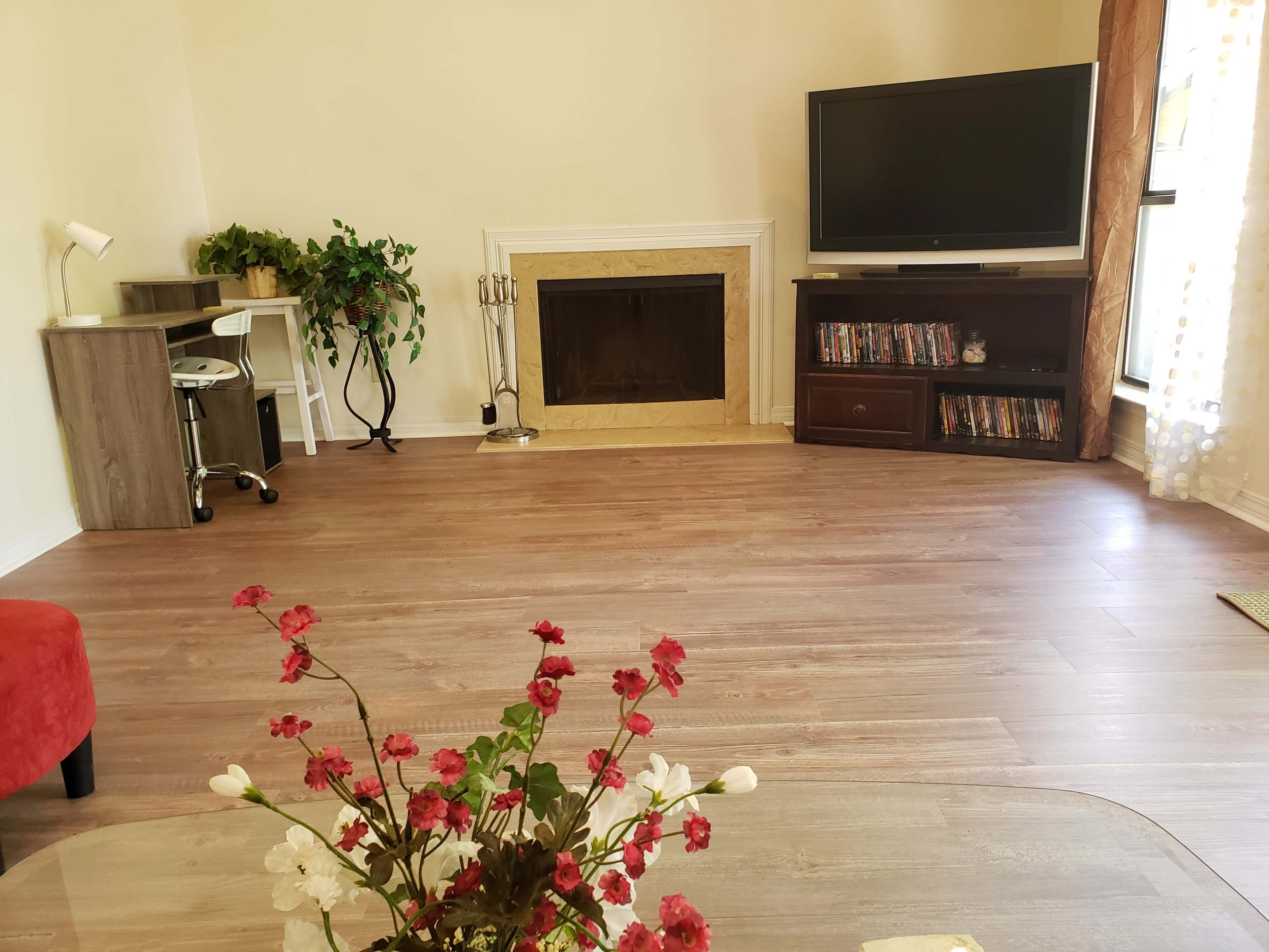 The image shows a living room with a fireplace, a television on a stand, a small desk, and a coffee table with a floral arrangement.