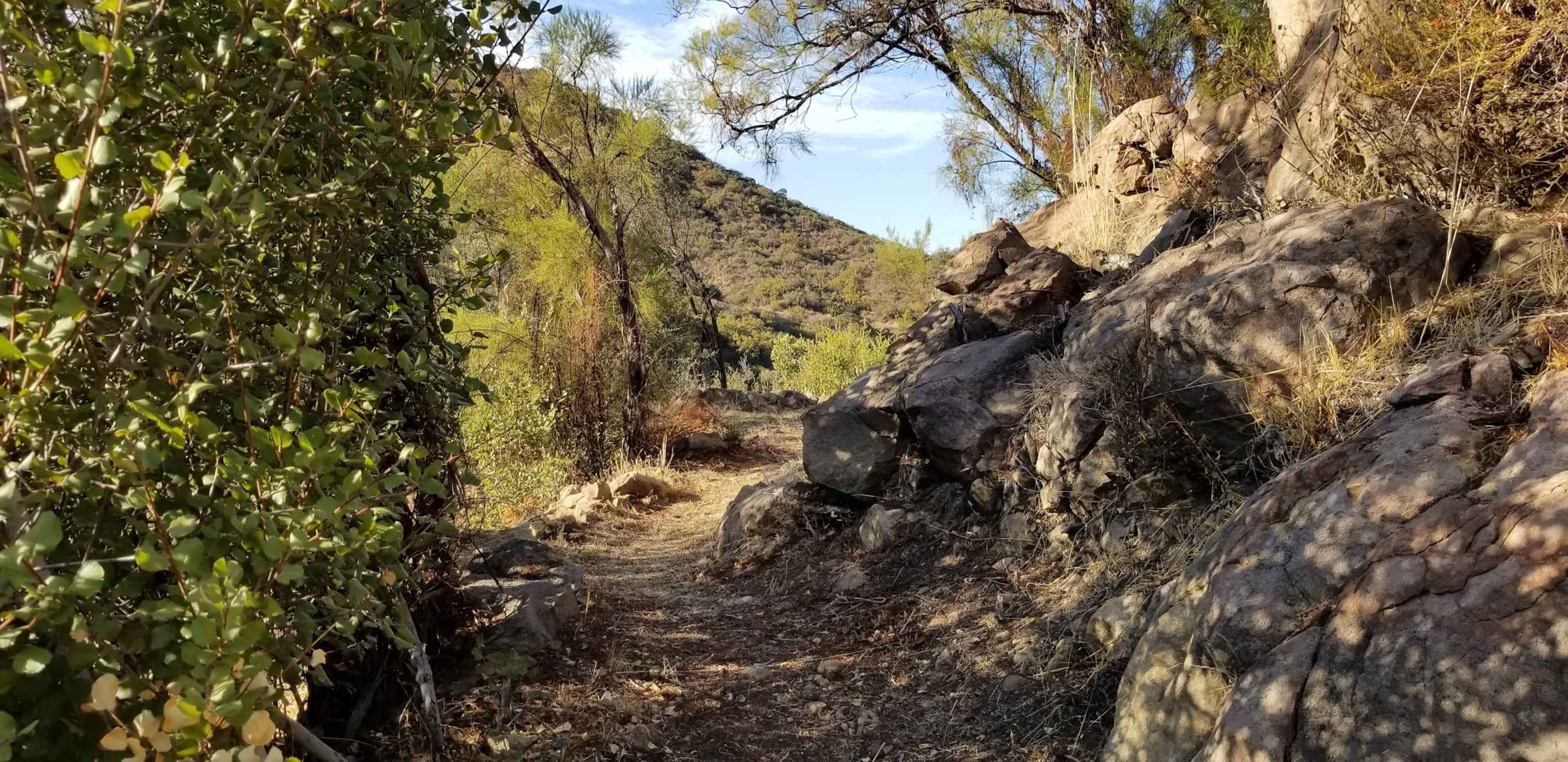 A dirt path winds through rocky terrain and sparse vegetation in a hilly landscape.