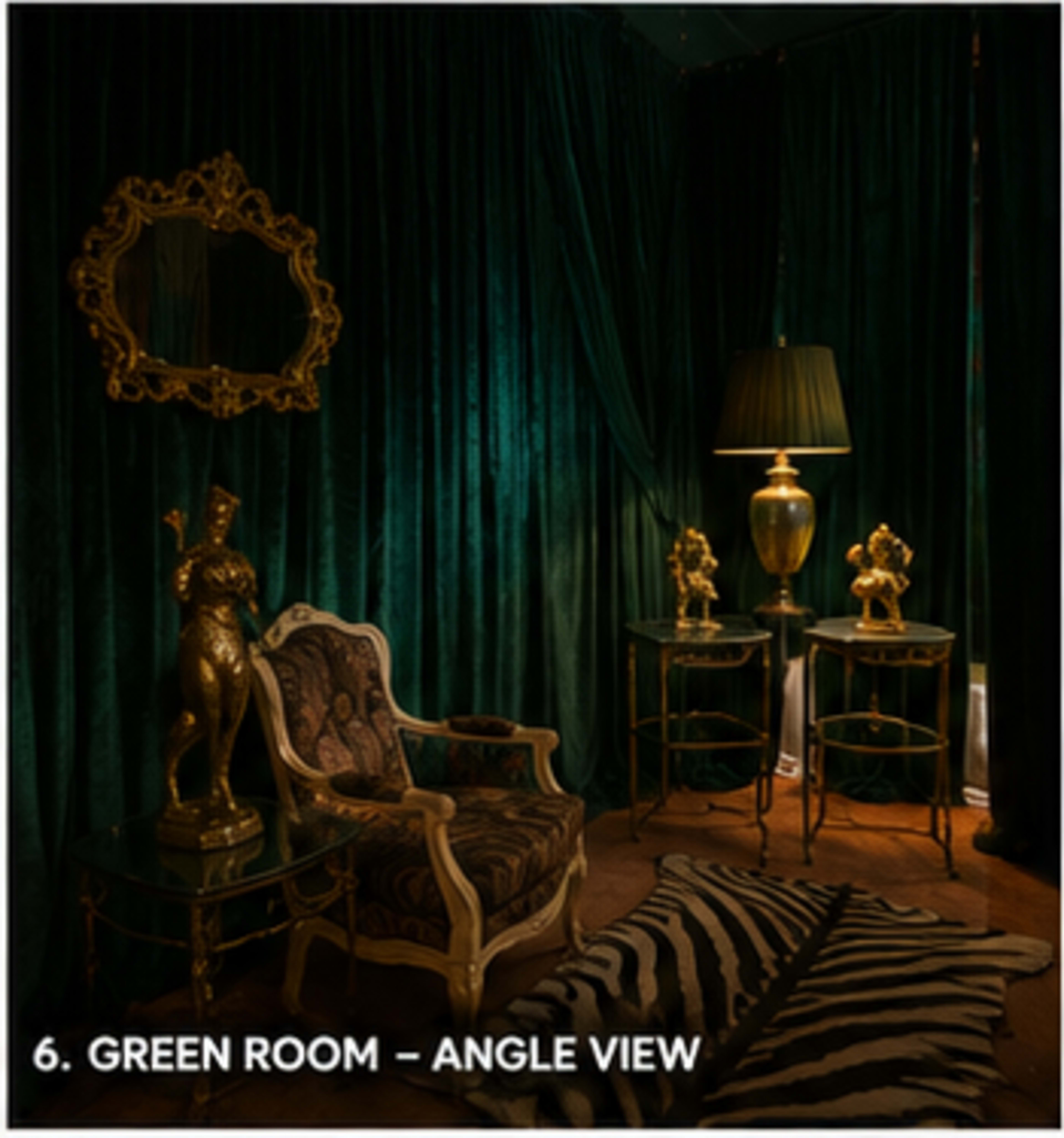 The image shows a corner of a green room featuring velvet curtains, a vintage chair, a lamp, and decorative sculptures beside a zebra-patterned rug.