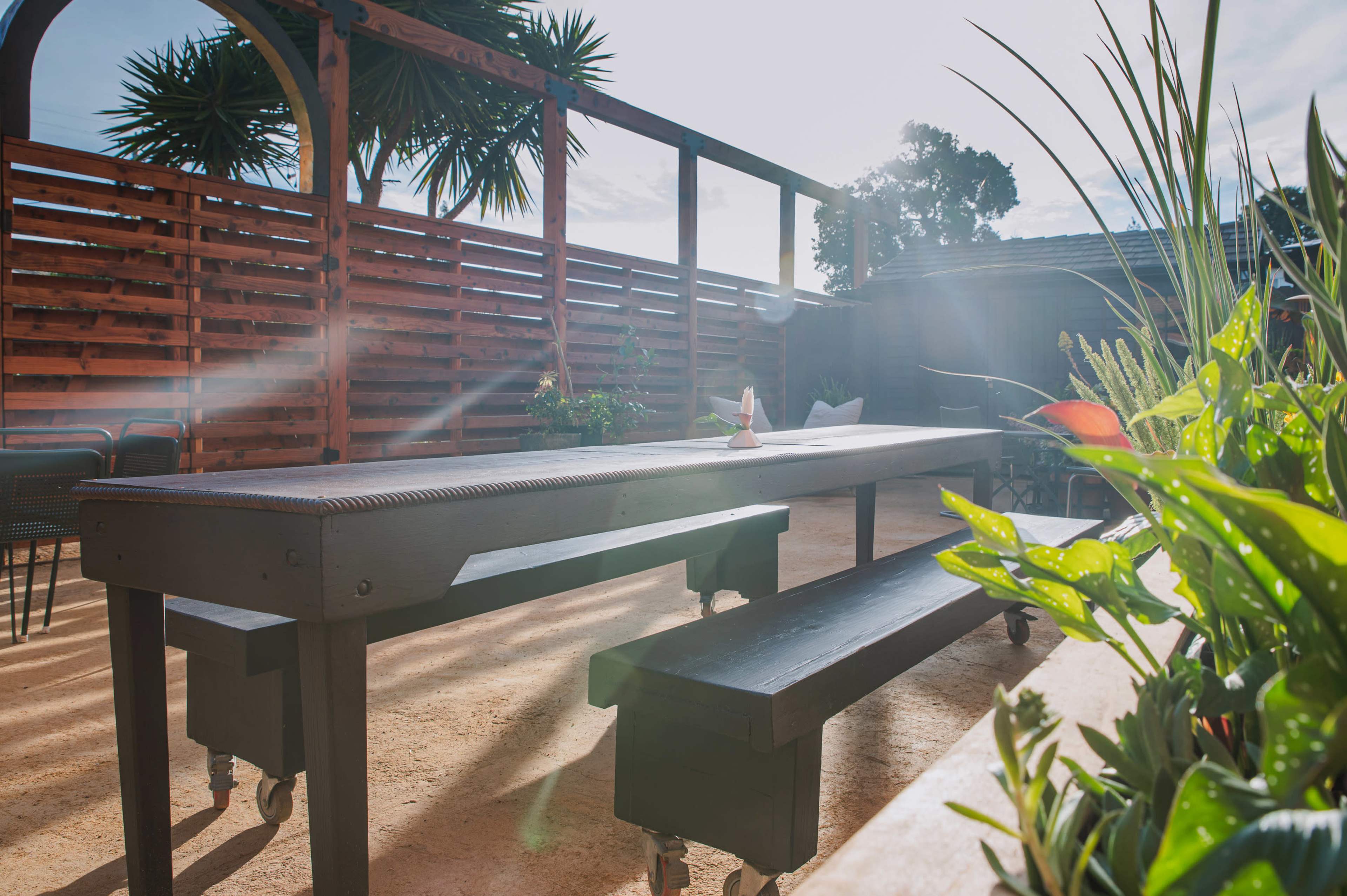 A long black table with matching benches is positioned in a sunlit outdoor area surrounded by plants and wooden fencing.