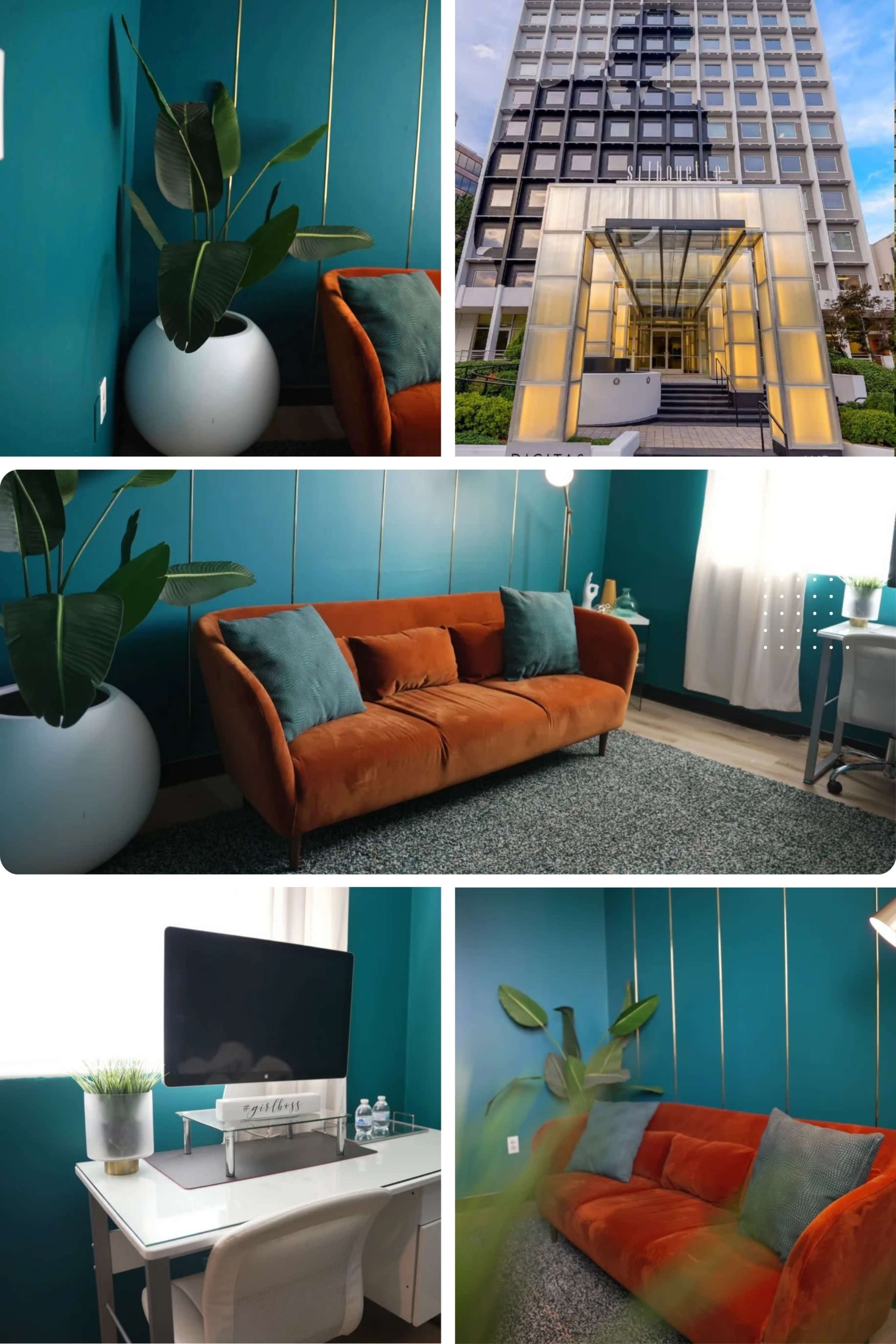 The image features a collage of modern interior spaces with a teal accent wall, a stylish orange couch, a large potted plant, and a contemporary building exterior.