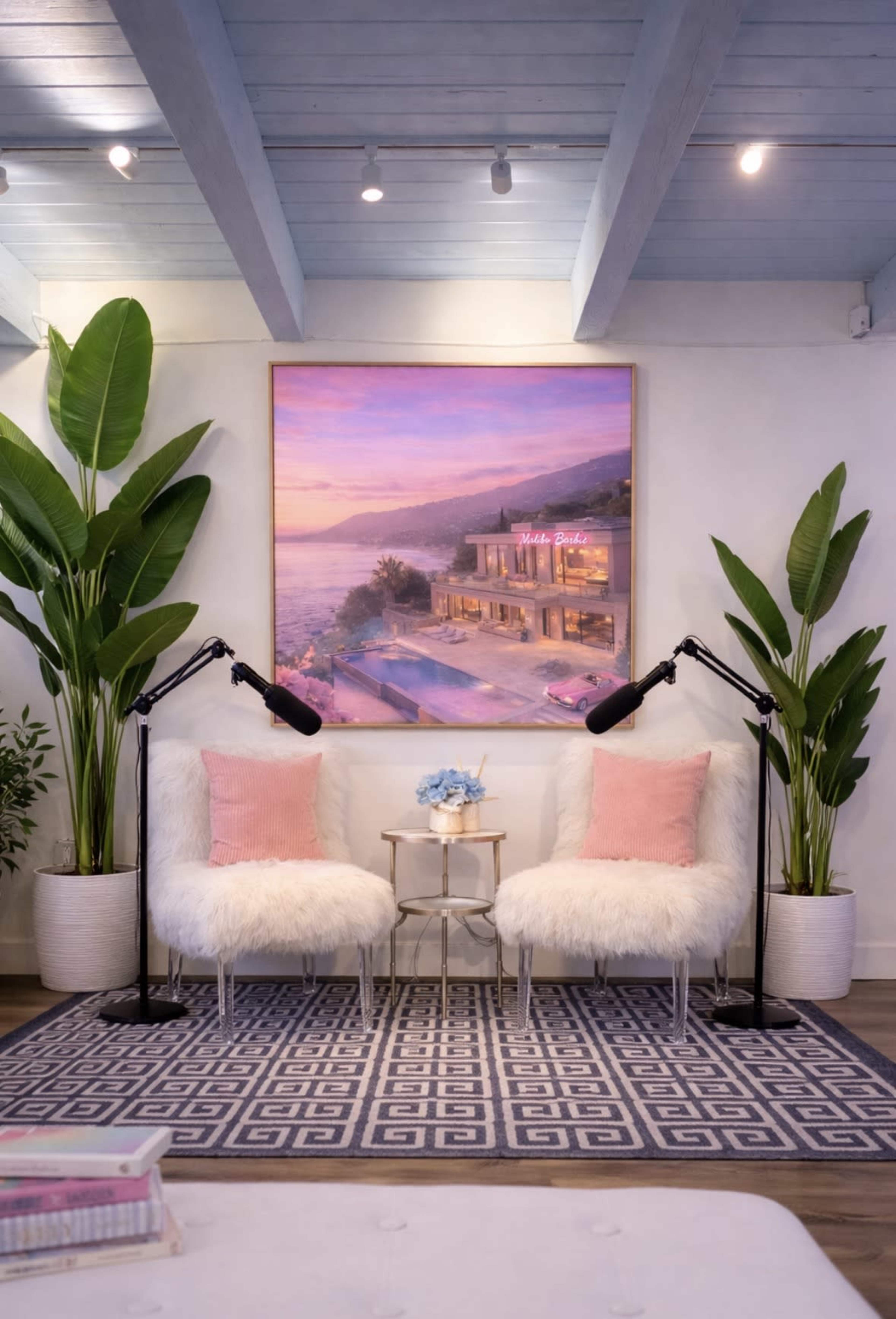 The image shows a bright, modern interior with two white, fluffy chairs facing each other, a small table in between, and a large painting of a coastal scene above them.