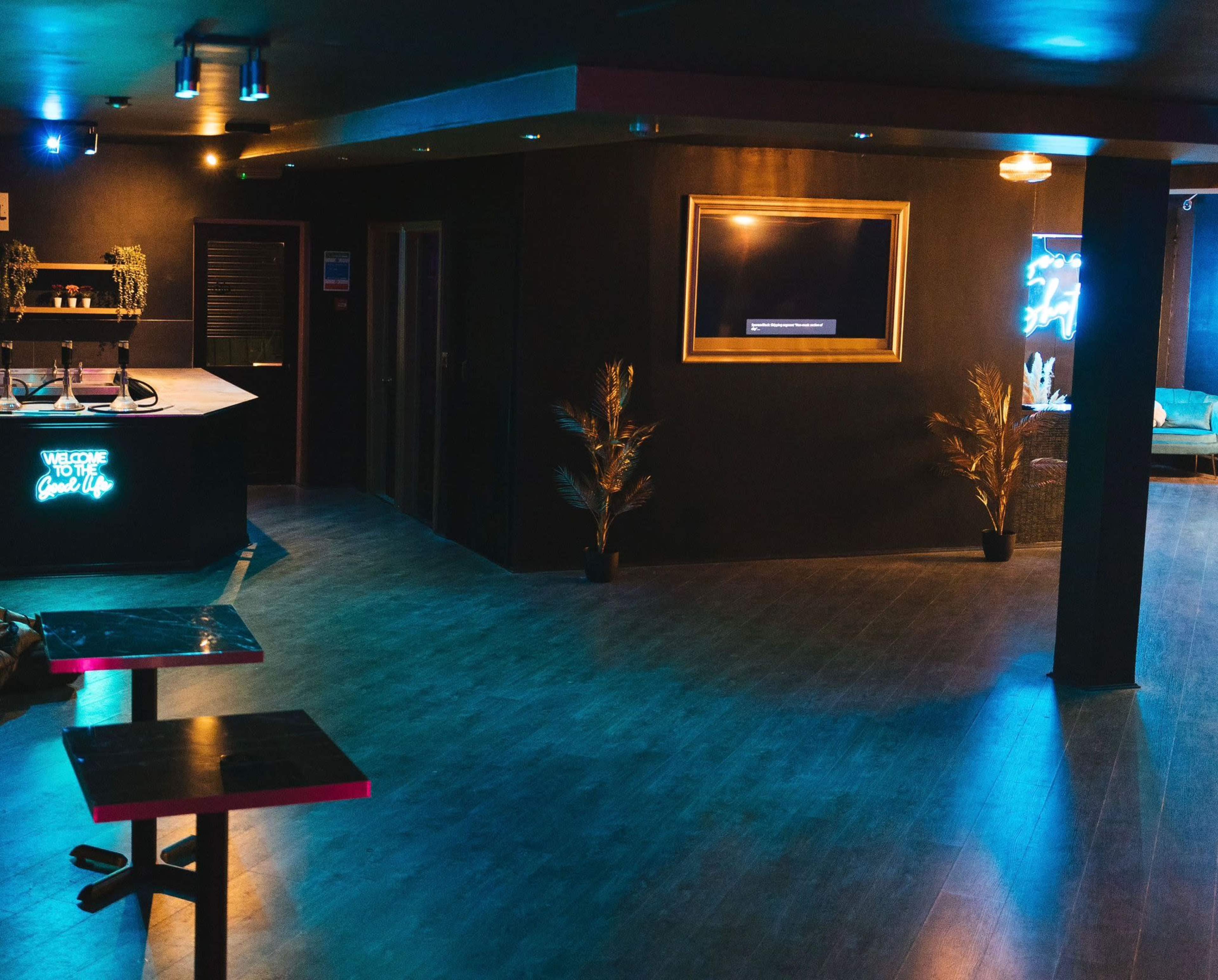 The image shows a dimly lit lounge interior with a bar, decorative plants, and a large television frame on the wall.
