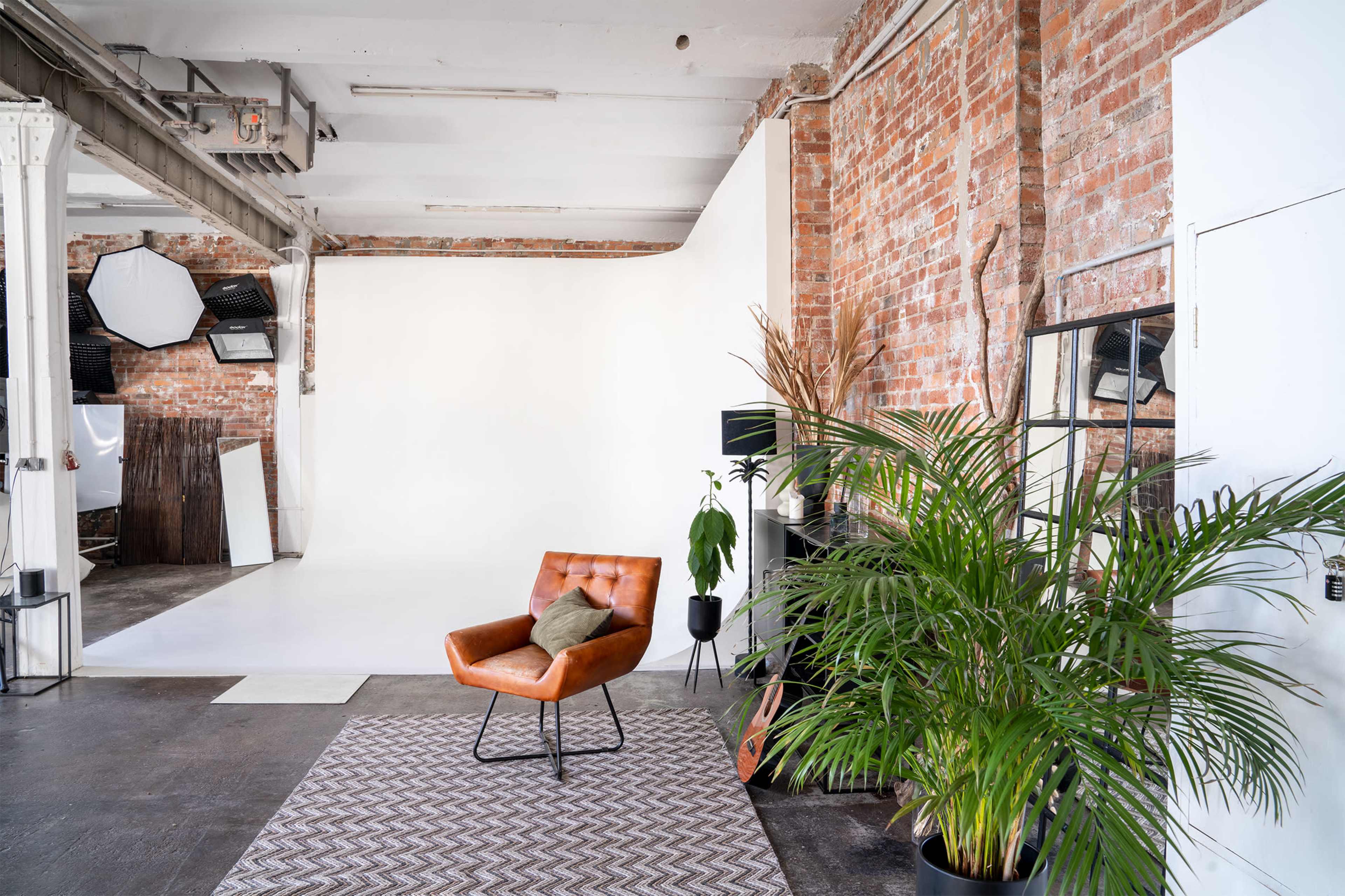The image shows a minimalist photography studio featuring a brown leather chair on a patterned rug, a potted plant, and a backdrop of white and exposed brick walls.