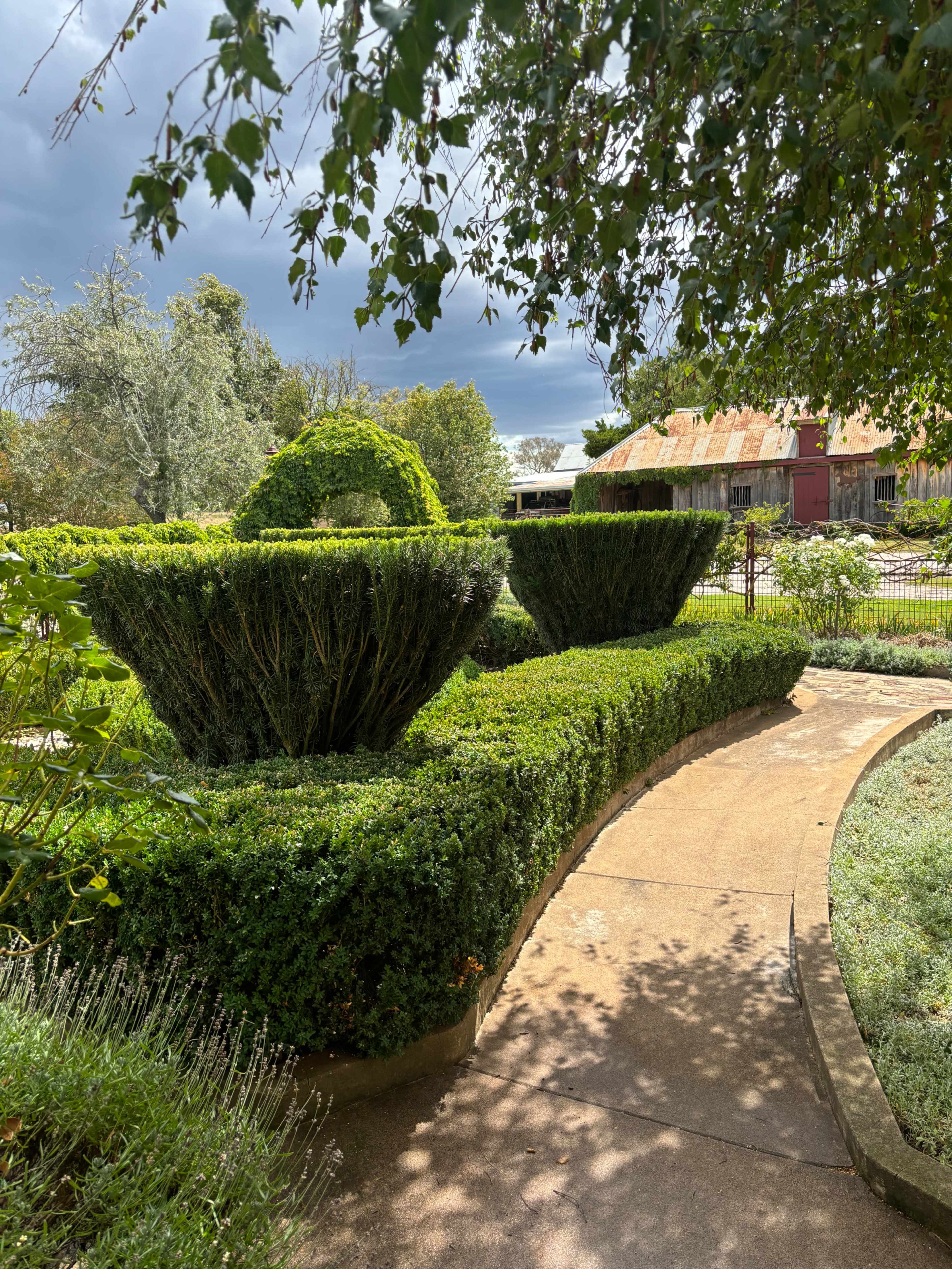 The image shows a well-manicured garden path surrounded by neatly trimmed hedges and a large topiary centerpiece, leading towards a rustic building in the background.